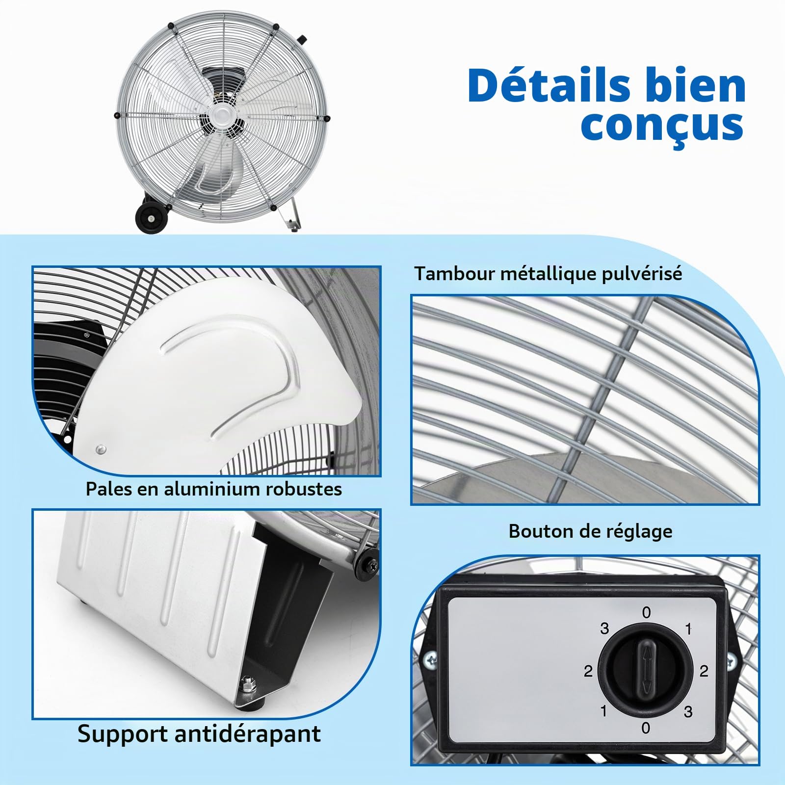 SOARS Ventilateur de Sol 65 CM, 180W, Ventilateur Industriel en Métal, 3 Niveaux de Vitesse, 2 Roulettes en Caoutchouc, pour Entrepôt, Atelier, Cave, Bureau (Argenté)