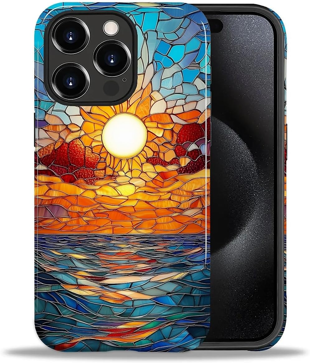 Case for iPhone 15 Pro Max,Shockproof Hard Shell + Soft Silicone 2 in 1 Hybrid,Shockproof Bumper Drop Protective - Stained Glass Sunset Beachy