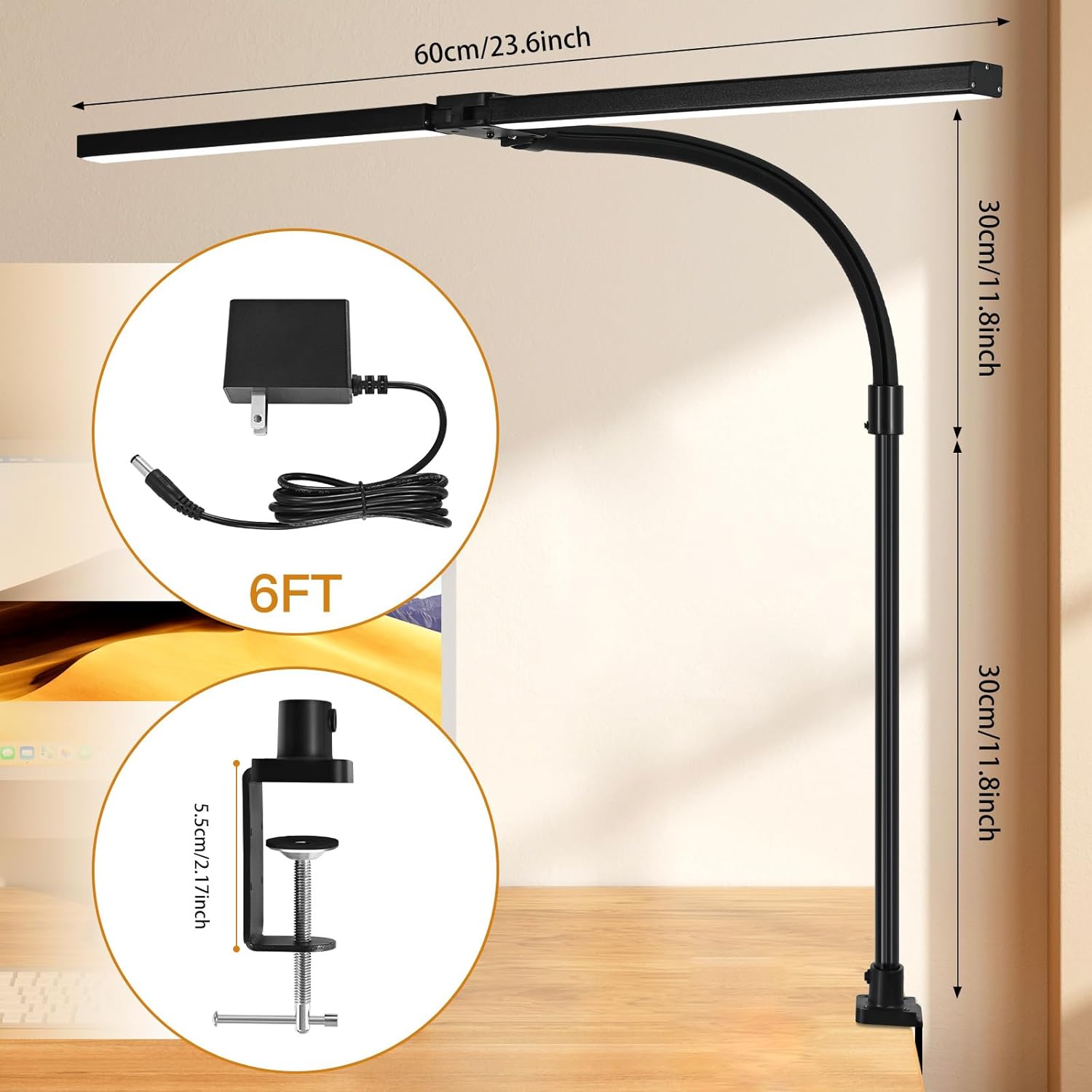Small Desk Lamp for Office Dorm Home - Eye Caring Desk Light 18W Brightest Gooseneck Dimmable Table lamp with Anti-Glare Cover Clamp(No Remote)