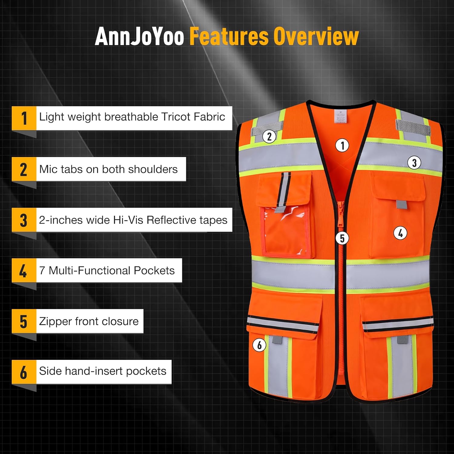 Class 2 Safety Vest with Zipper Front and multiple Pockets, High Visibility Vest, Meets ANSI/ISEA Standards - Image 3