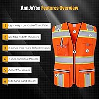 Vista 3 de Chaleco de seguridad clase 2 con cremallera frontal y múltiples bolsillos, chaleco de alta visibilidad, cumple con las normas ANSI/ISEA