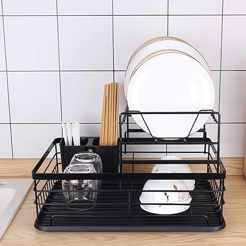Miniatura 5 de Estante de secado de platos, 2 estantes de secado de platos con soporte para utensilios a prueba de polvo, escurridor de platos y escurridor para