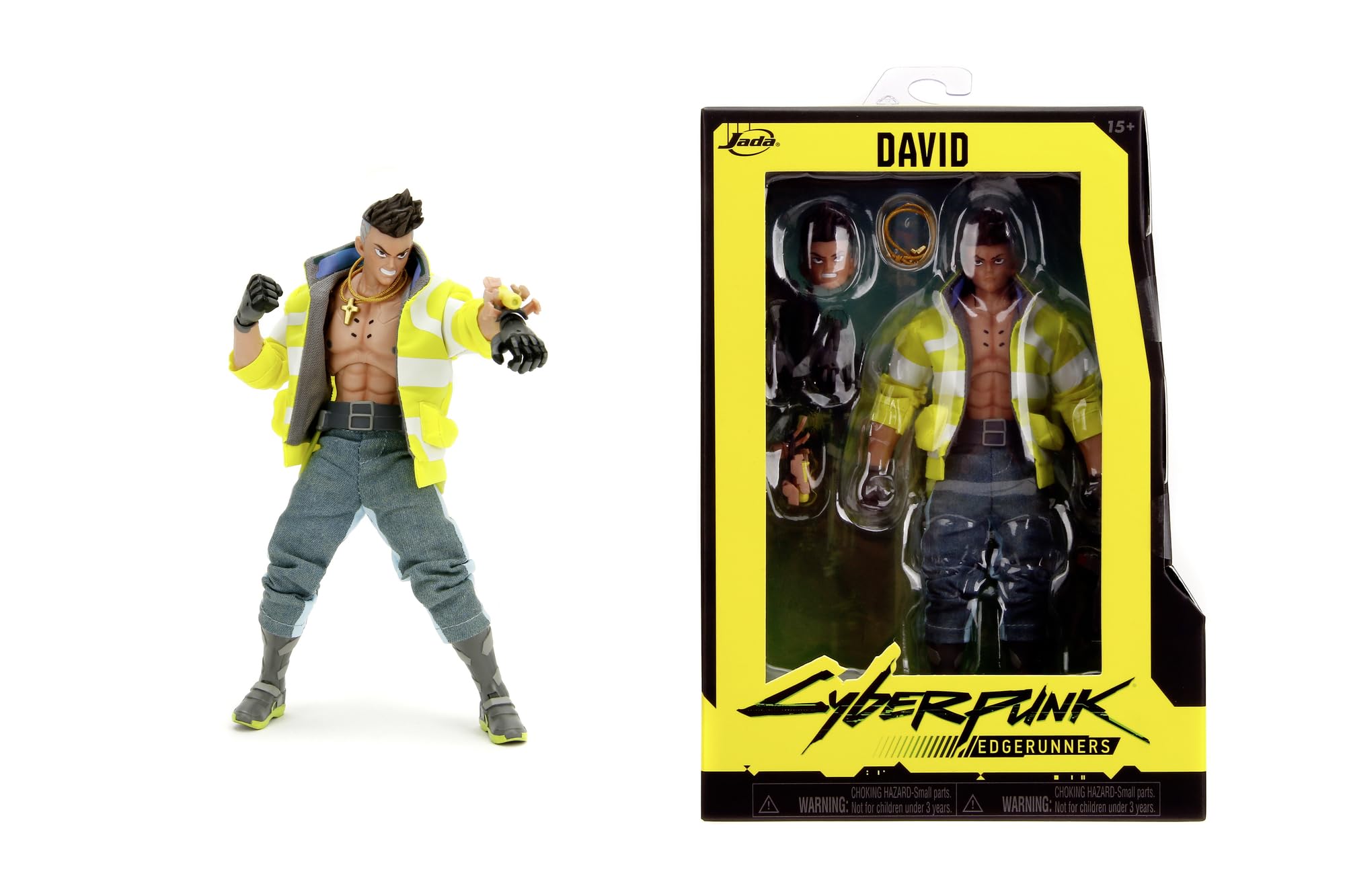 Jada Toys Cyberpunk Edgerunners - Figura de David (17 cm), Coleccionable y de acción con Cabeza, Manos y Accesorios alternativos, para Fans y coleccionistas a Partir de 15 años