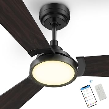 SMAAIR Ceiling Fan with Light, 52 Inch 3 Blade Low Profile Ceiling Fan with Light and 10 Speed DC Motor,Supports APP/Alexa/Google Assistant/Siri Shortcuts Walnut