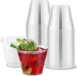 9 oz Clear Disposable Plastic Cups (100 Pack) Elegant Tumblers Glasses for Birthday Parties, Weddings, Holidays, Dessert T...