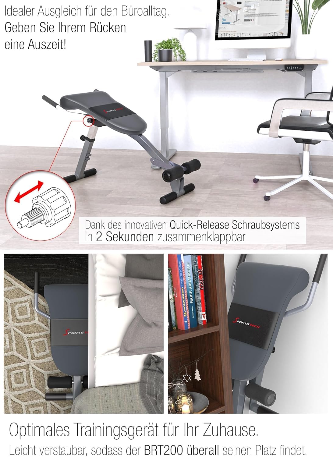 Sportstech Klappbare & verstellbare 3in1 Hantelbank für Zuhause – Bauchtrainer, Rückentrainer & Beincurler | Optimal für ein effizientes und effektives Home Gym Workout bis 130kg | BRT200
