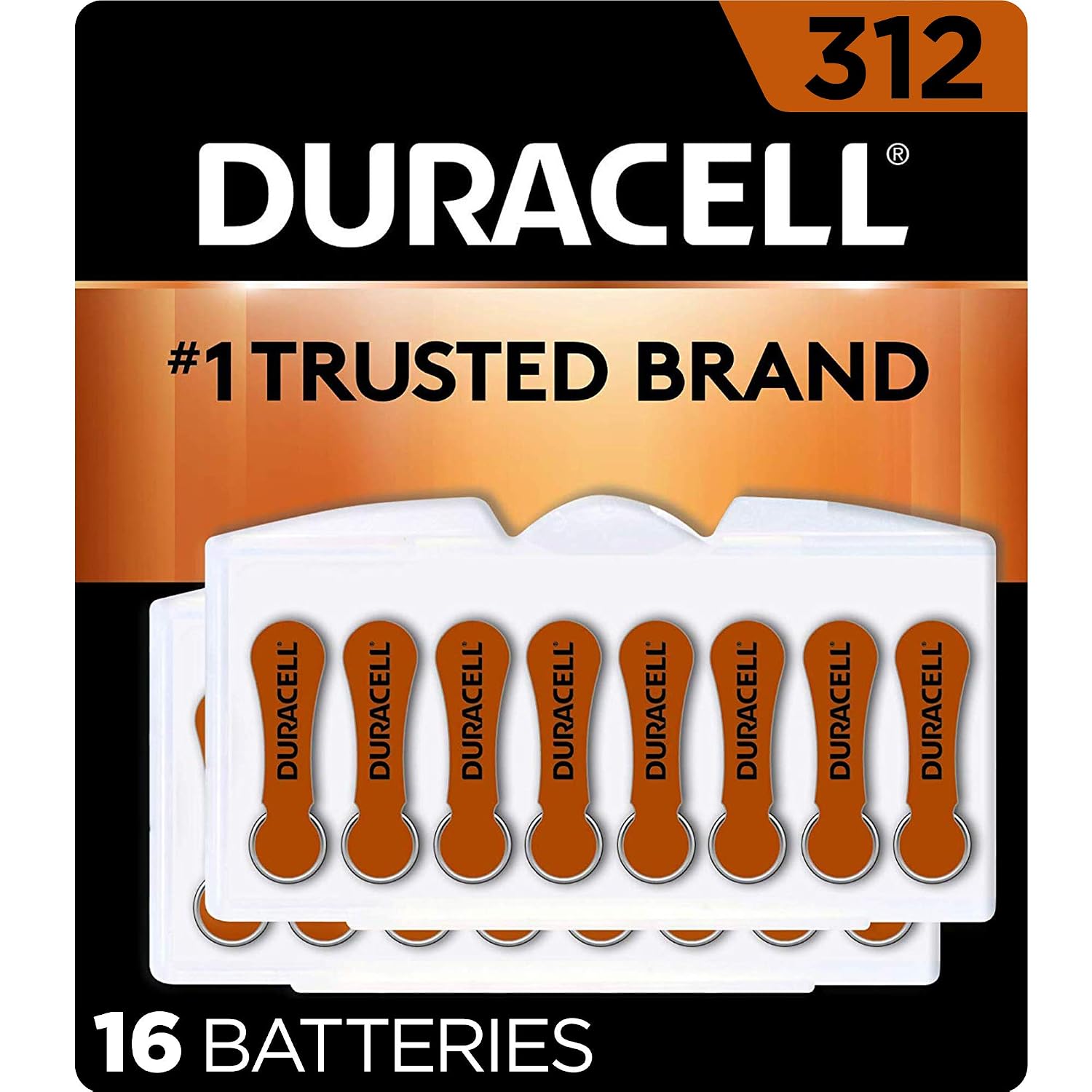 Duracell Hearing Aid Batteries Brown Size 312, 16 Count Pack, 312A Size Hearing Aid Battery with Long-lasting Power, Extra-Long EasyTab Install for Hearing Aid Devices