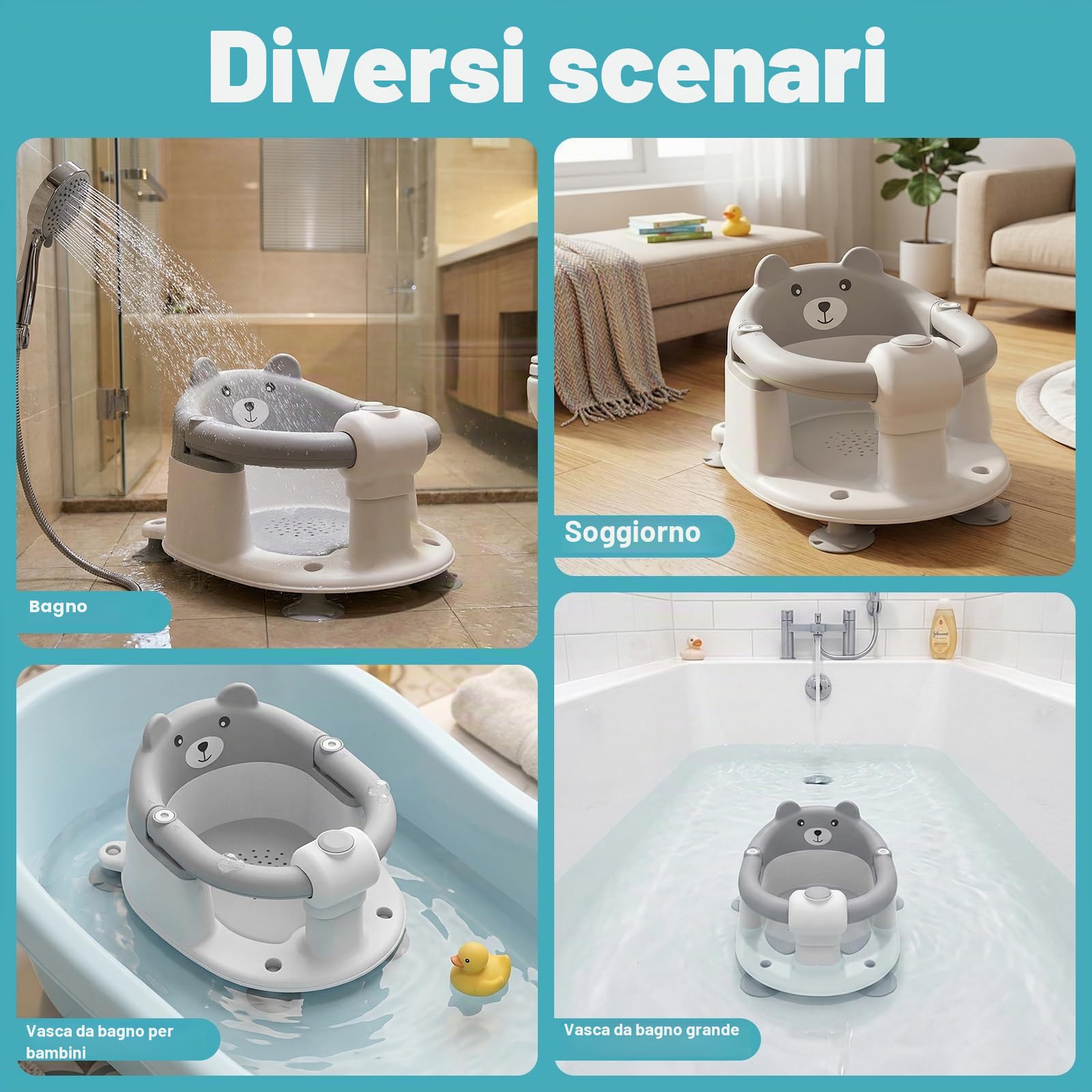 Highbird Seggiolino da Bagno per Bebè da 6 Mesi, Antiscivolo con 4 Ventose Potenti e Cuscino Rimovibile, Ideale per Bambini 6-18 Mesi per Doccia o Vasca, Portatile, Facile da Pulire - Grigio