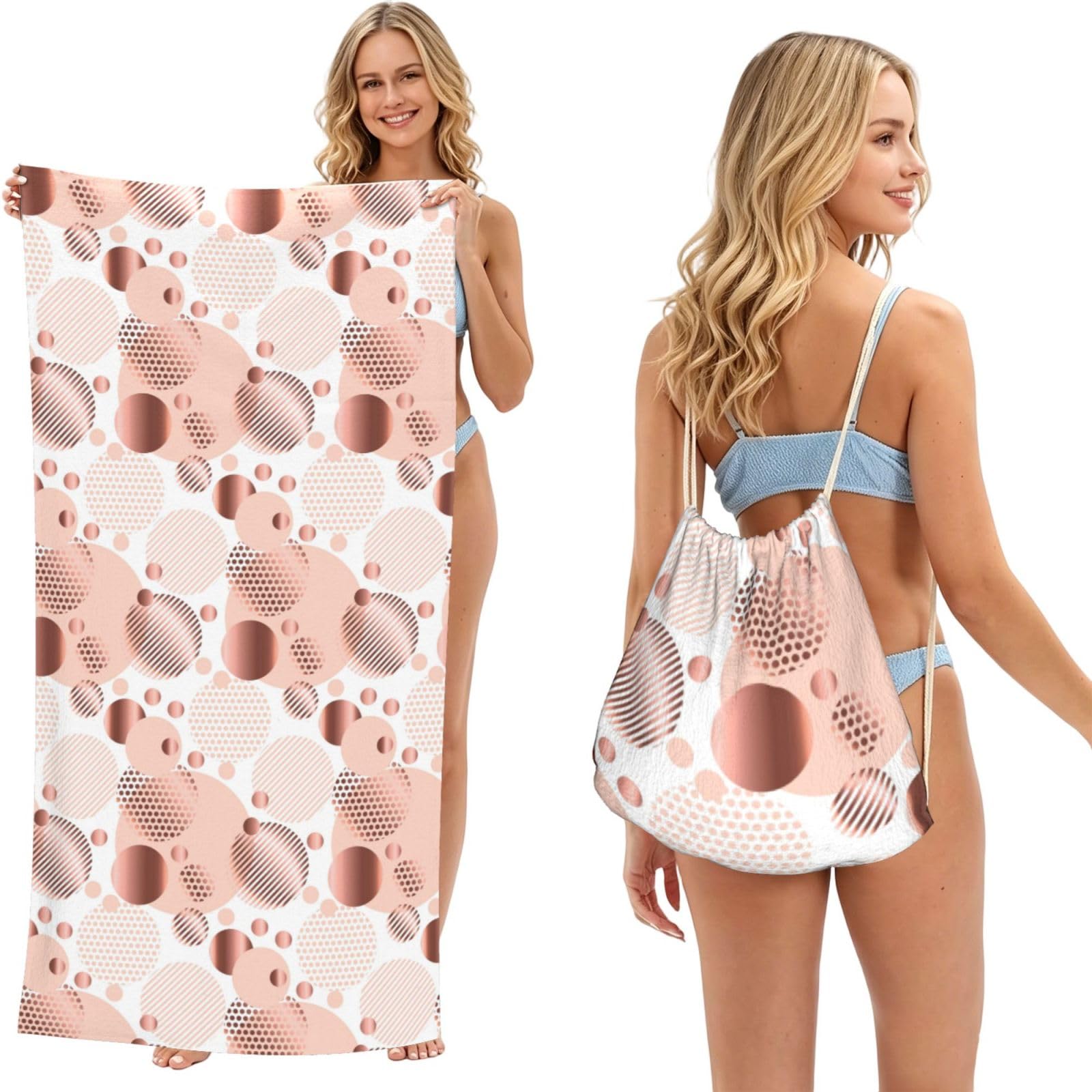 Poadnly As Picture Rose Gold Wave, 2 In 1 Packable Towel Bag, Beach Towels With Drawstring Backpack For Travel Holiday Camping