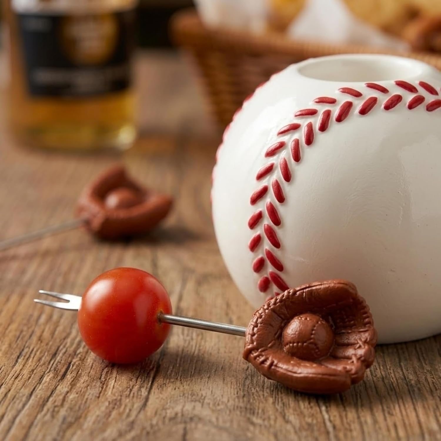 7 PCS Baseball Cocktail Picks Set with Holder, Reusable Appetizer Forks for Cheese, Fruit, Snacks, Party or Bar Use, Polyresin Holder and 6 Pack Stainless Steel Picks