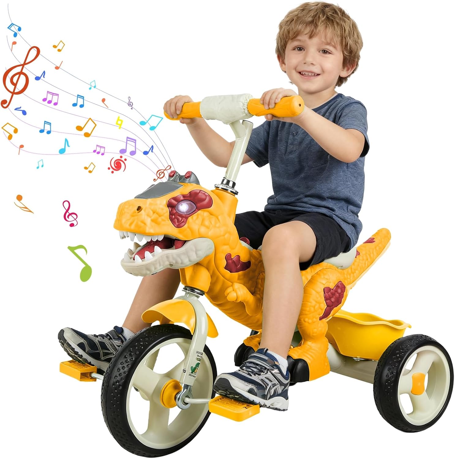 Dinosaur Toddler Tricycle for 2-7 Years Old, Kids Trike with Music & LED Light, 10-inch Big Wheels Anti-Tip Design, Adjustable Seat, Gift for Boys Girls Birthday Orange