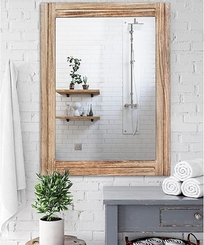 Miniatura 4 de AAZZKANG Espejo rústico para pared con marco rectangular de madera, espejos colgantes decorativos grandes de 28 x 20 pulgadas para dormitorio, baño,