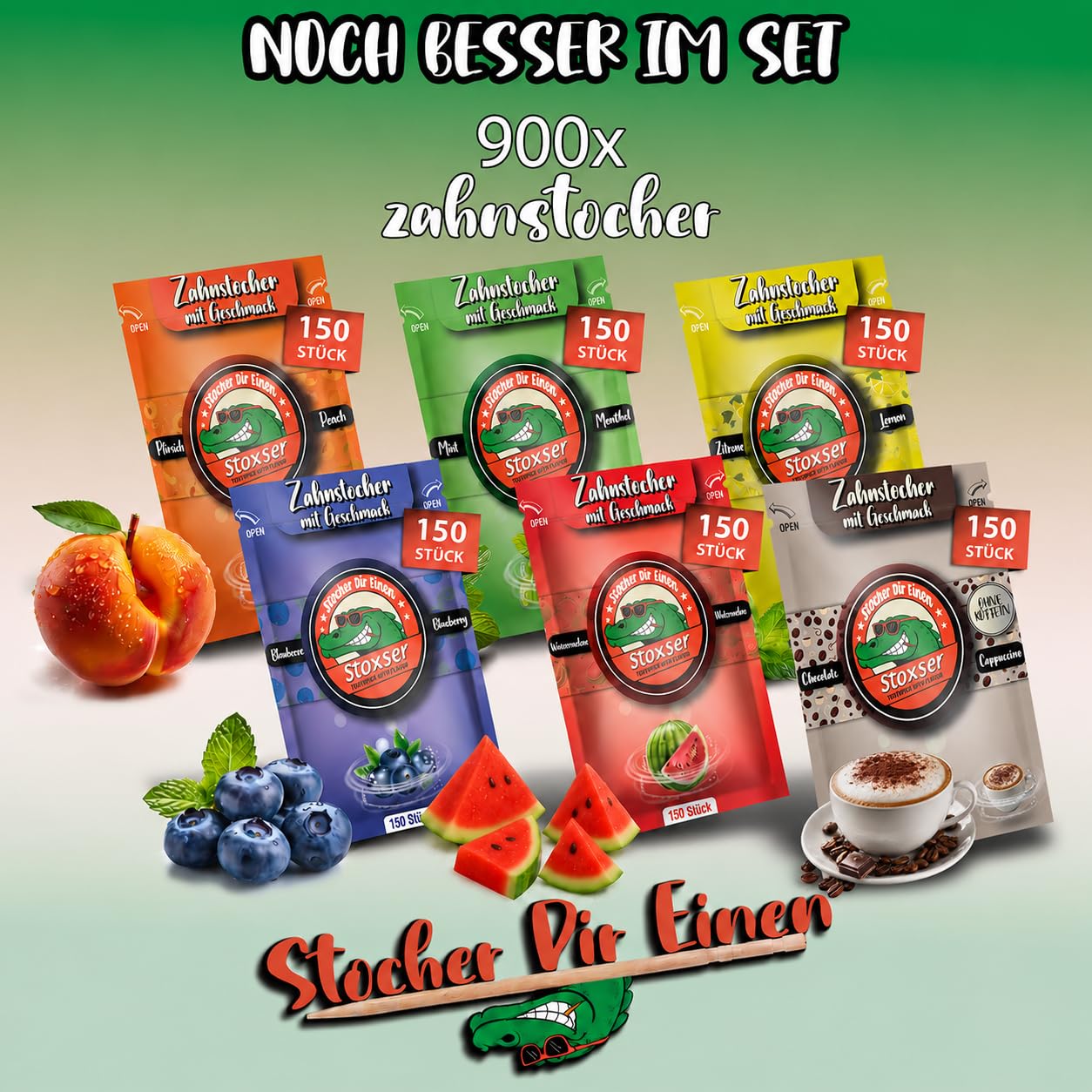 Stoxser 900x Zahnstocher mit Geschmack 6er Pack Schokoladen Cappuccino/Pfirsich und Blaubeere und Zitrone/Lemon und Mint/Menthol/Wassermelone