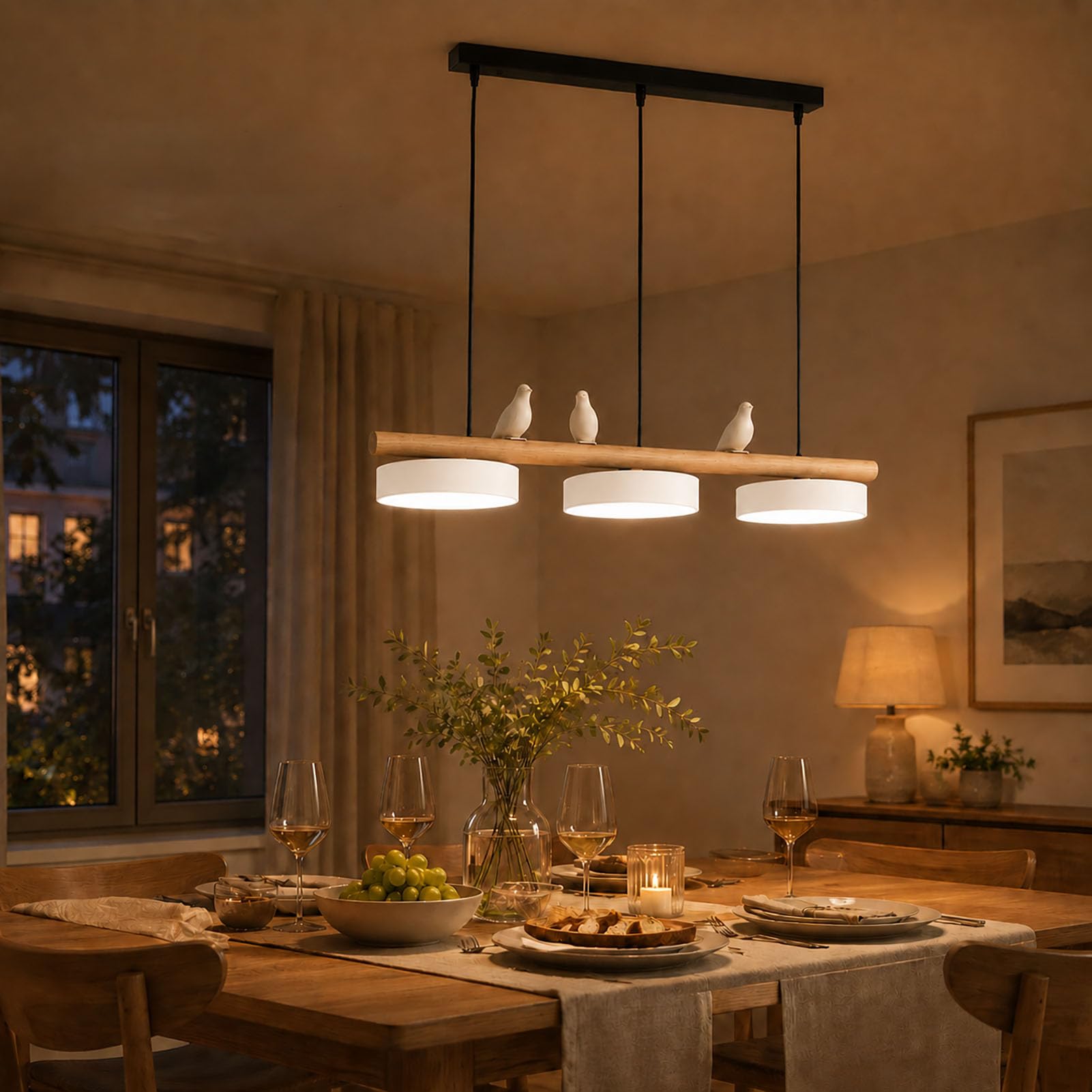 Lampadario Cucina Moderno LED 36W, Legno, Sala da Pranzo | LED 36W, 3000K/4000K/6500K, Cavo Regolabile 1 m, Ferro Legno Resina, Decoro Uccello, per Cucina e Sala da Pranzo