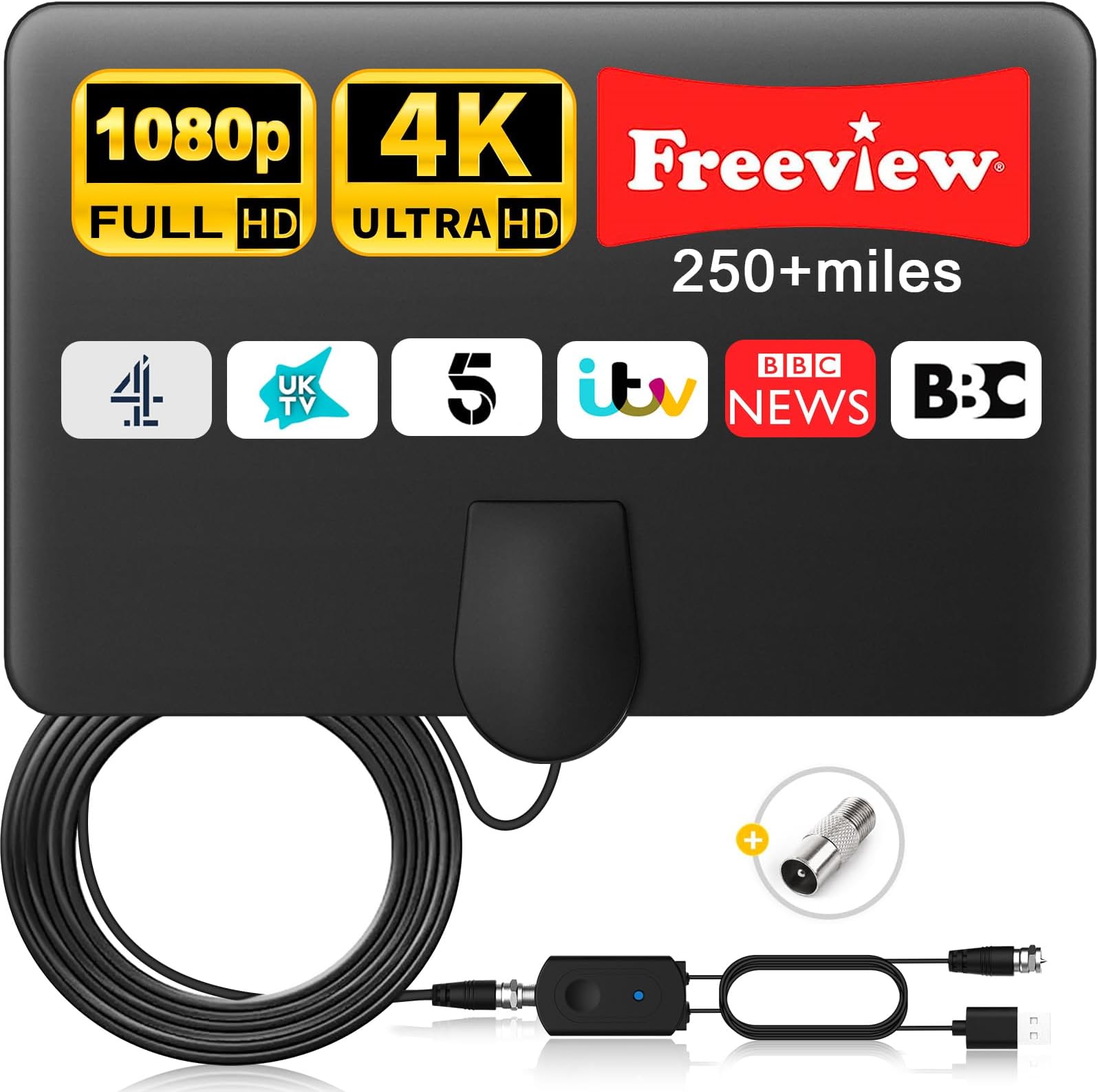 TV Aerial Digital TV Aerial Indoor 250+ Miles Long Range, Amplified