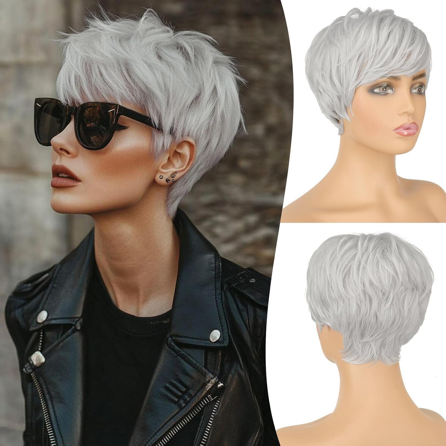 Amazon.com: FESHFEN Pixie Cut Wigs Synthetic Platinum Grey  display picture 2