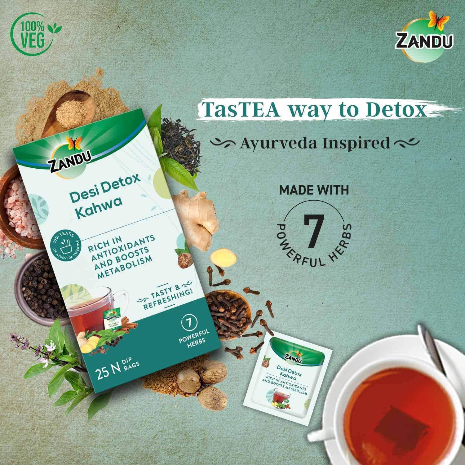 Zandu Desi Detox Kahwa Use The Power Of Green Tea | Metabolism Booster & Natural Detoxifier | Supports Overall Health & Well-Being (25 Tea Bags), 100 gram