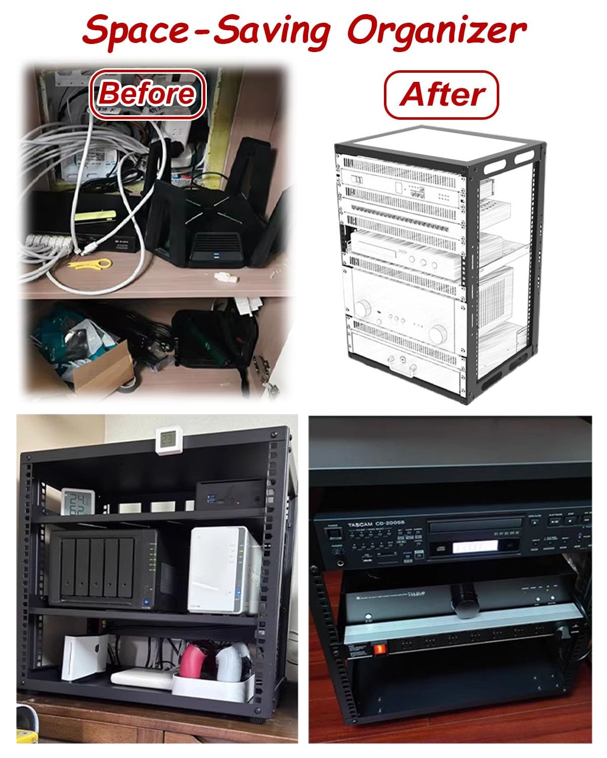 Vibeo Rack di Rete a Telaio Aperto Rack di Rete Mobile a Telaio Aperto con Ruote, Rack Server 6, 9, 12, 15, 18 e 22U per Ufficio, Rack di Rete Ventilato Regolabile da 48 cm(6U,D 29 cm (11 3/8"))