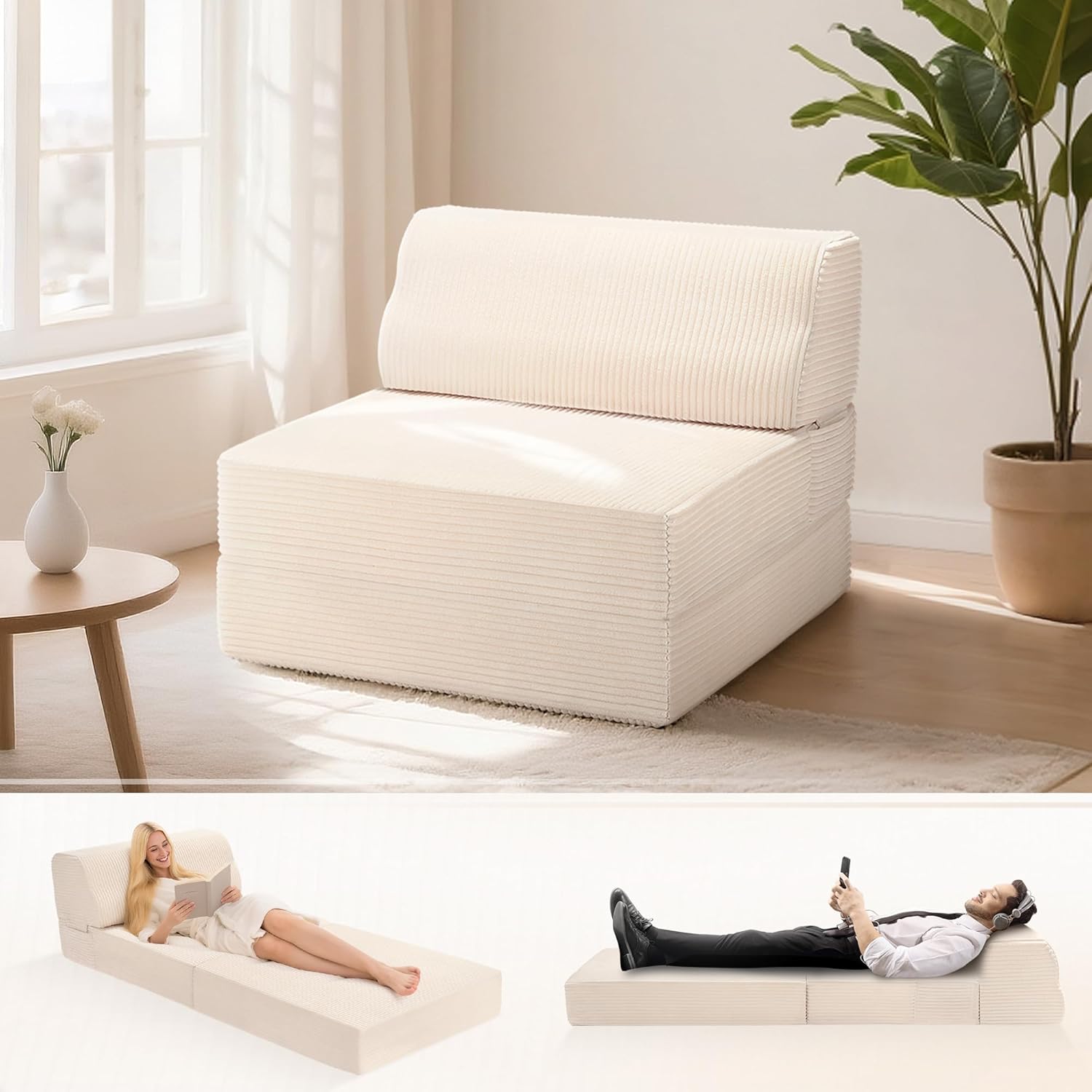 Folding Sofa Bed with Pillow, Memory Foam Fold Out Chair Bed, Convertible Sleeper Chair with Washable Cover, Futon Floor Couch for Living Room/Dorm/Guest Use/Home Office/Apartment, Beige