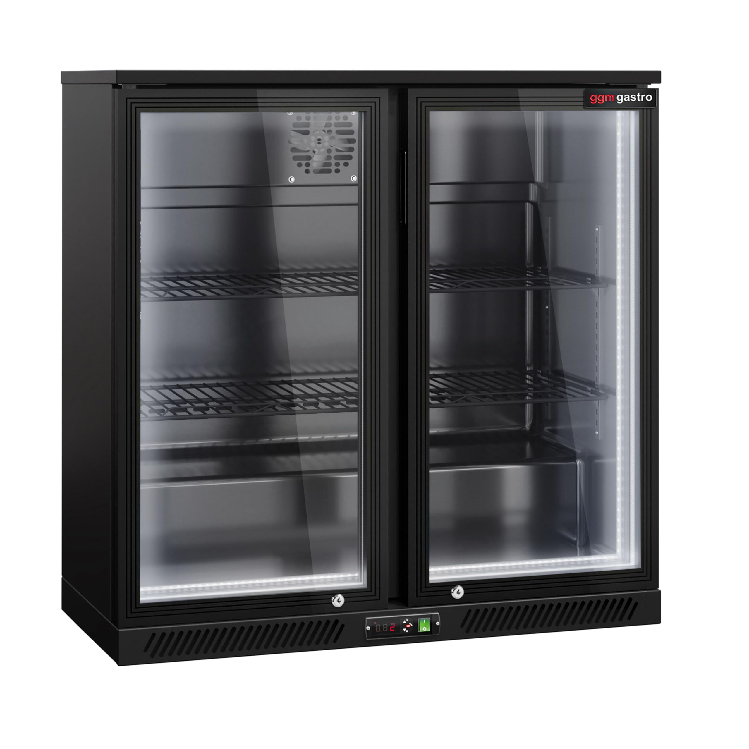 GGM Gastro | BKTLG220S | Barkühlschrank - 900mm - 220 Liter - mit 2 Glasflügeltüren - Außen & Innen Schwarz