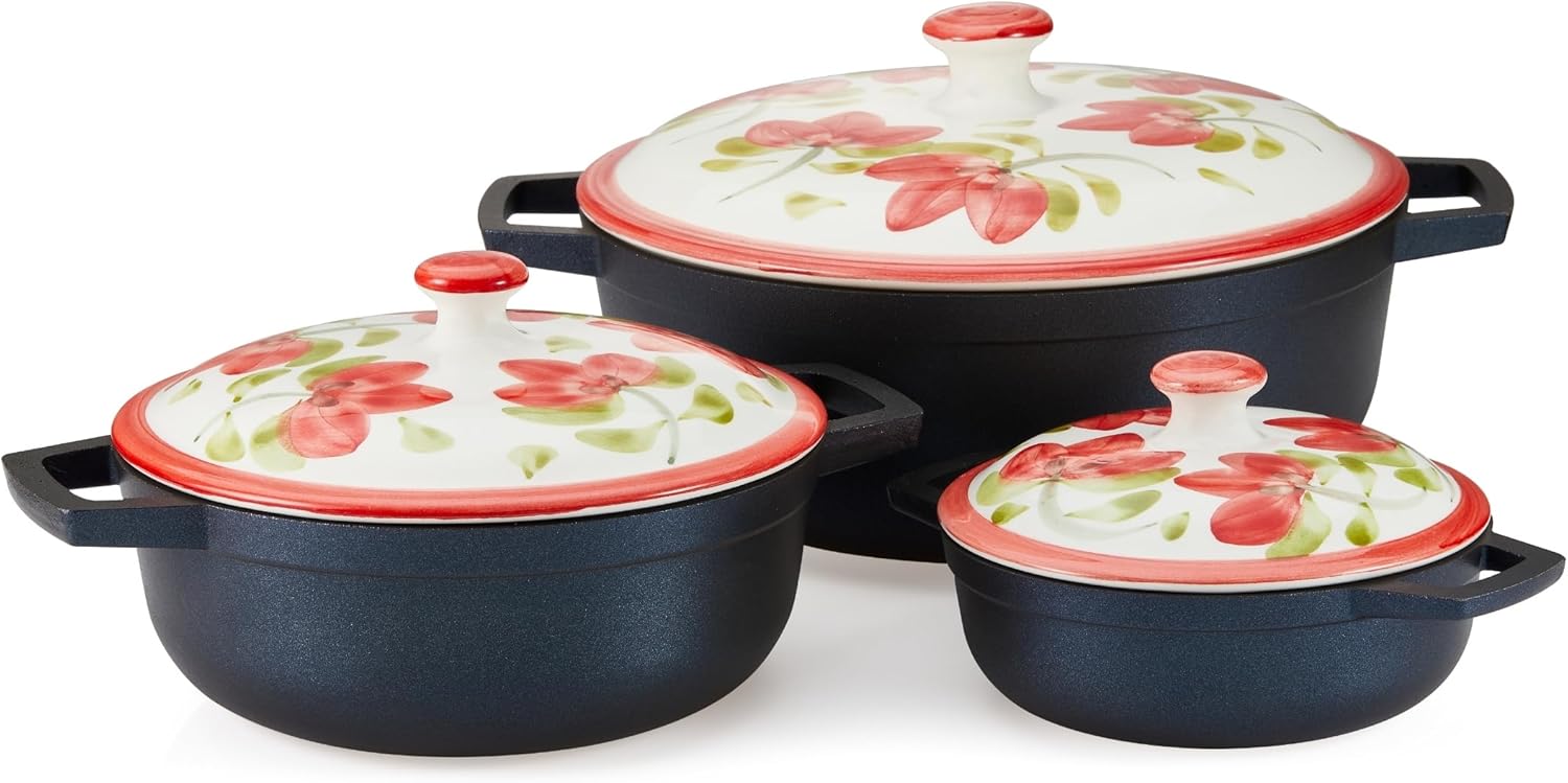 IMUSA 0.5/1.5/3.7qt Carmen de Viboral Cast Aluminum Nonstick Caldero 6pc Set with Floral Ceramic Lids (Drop Ship), Black - 14/18/24cm 6 Piece Set (0.5/1.5/3.7 Quart)