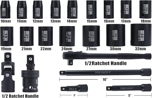 Miniatura 3 de SEKETMAN Juego de 22 llaves de vaso de impacto poco profundas, 12 pulgadas, juego de llaves métricas de 12 pulgadas, (0.394-19,21,22,24,27,30,32 in)
