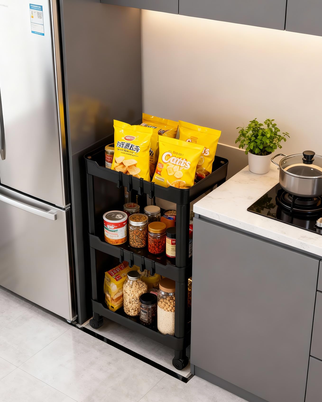 Treesunshine Keukenwagen, 5 niveaus, keukenrek en rek op wielen, met wielen, mobiel keukenrek met uittrekbare opslag, oprolbare opbergwagen voor keuken, badkamer, kantoor, hoek