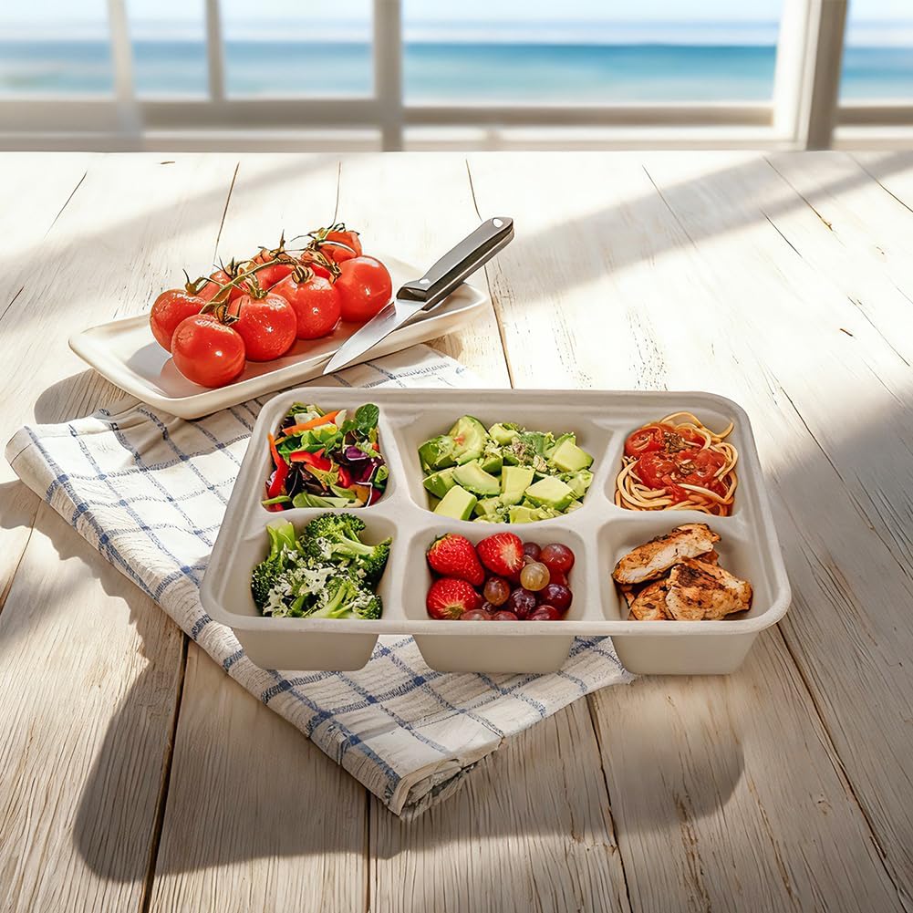 50 Pack 6 Compartment Disposable Paper Plates, Compostable Bagasse School Lunch Tray, Biodegradable Sugarcane Food Sectional Plates, Heavy-Duty Divided Platter Tray for Buffet Party, Microwave Safe - Image 6