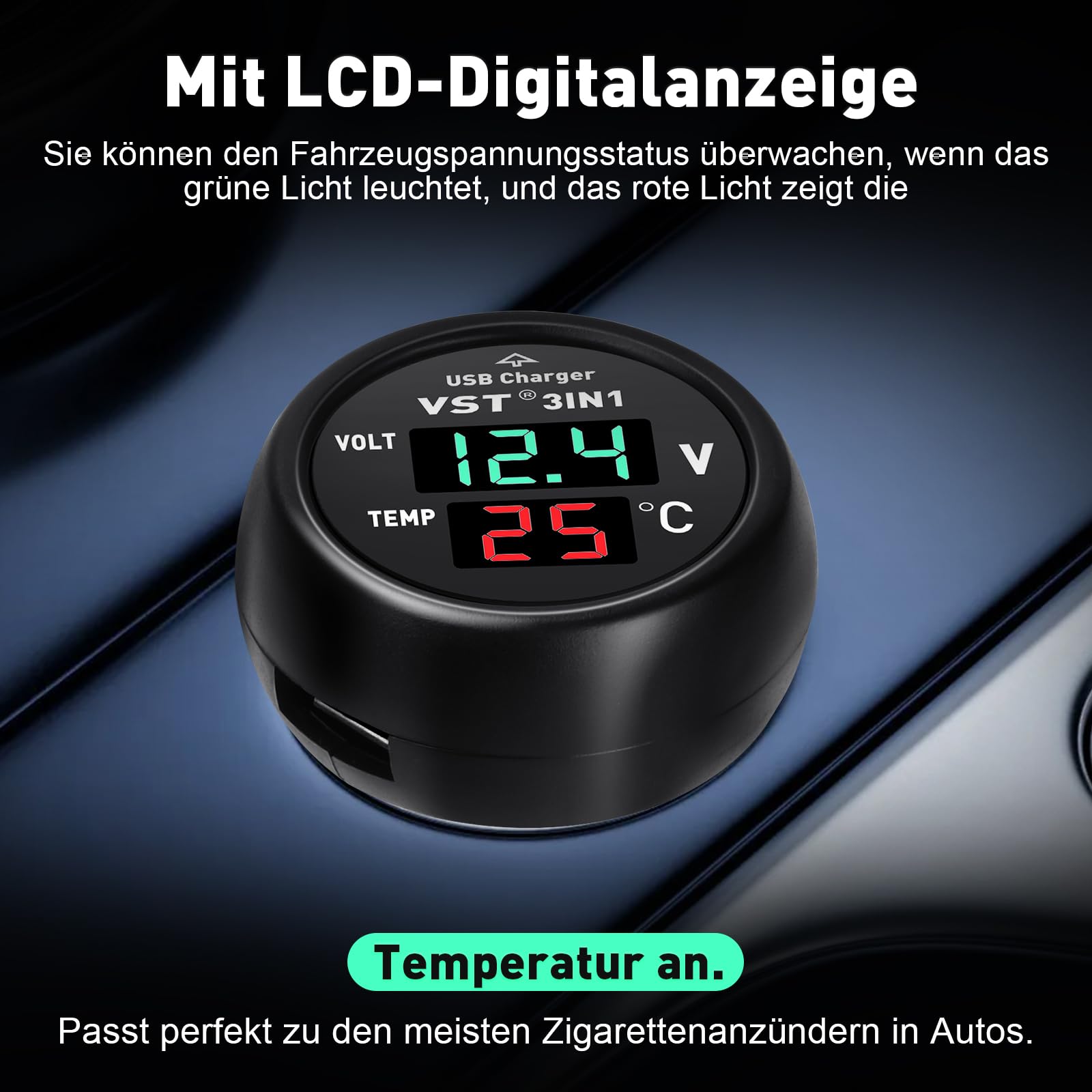 Ładowarka samochodowa USB 3 w 1, cyfrowy woltomierz, termometr, ładowarka USB do gniazda zapalniczki samochodowej, DC 12V 24V 36V monitor baterii, do samochodów osobowych, ciężarówek, autobusów