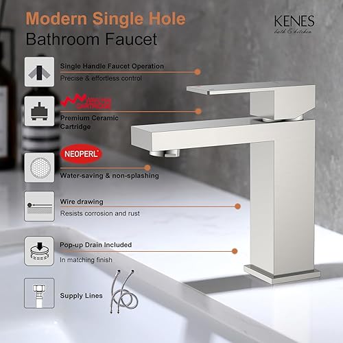 Miniatura 3 de KENES Grifo de lavabo de baño de una sola manija, grifo de tocador de níquel cepillado para fregadero de baño, con tapón de drenaje desplegable y
