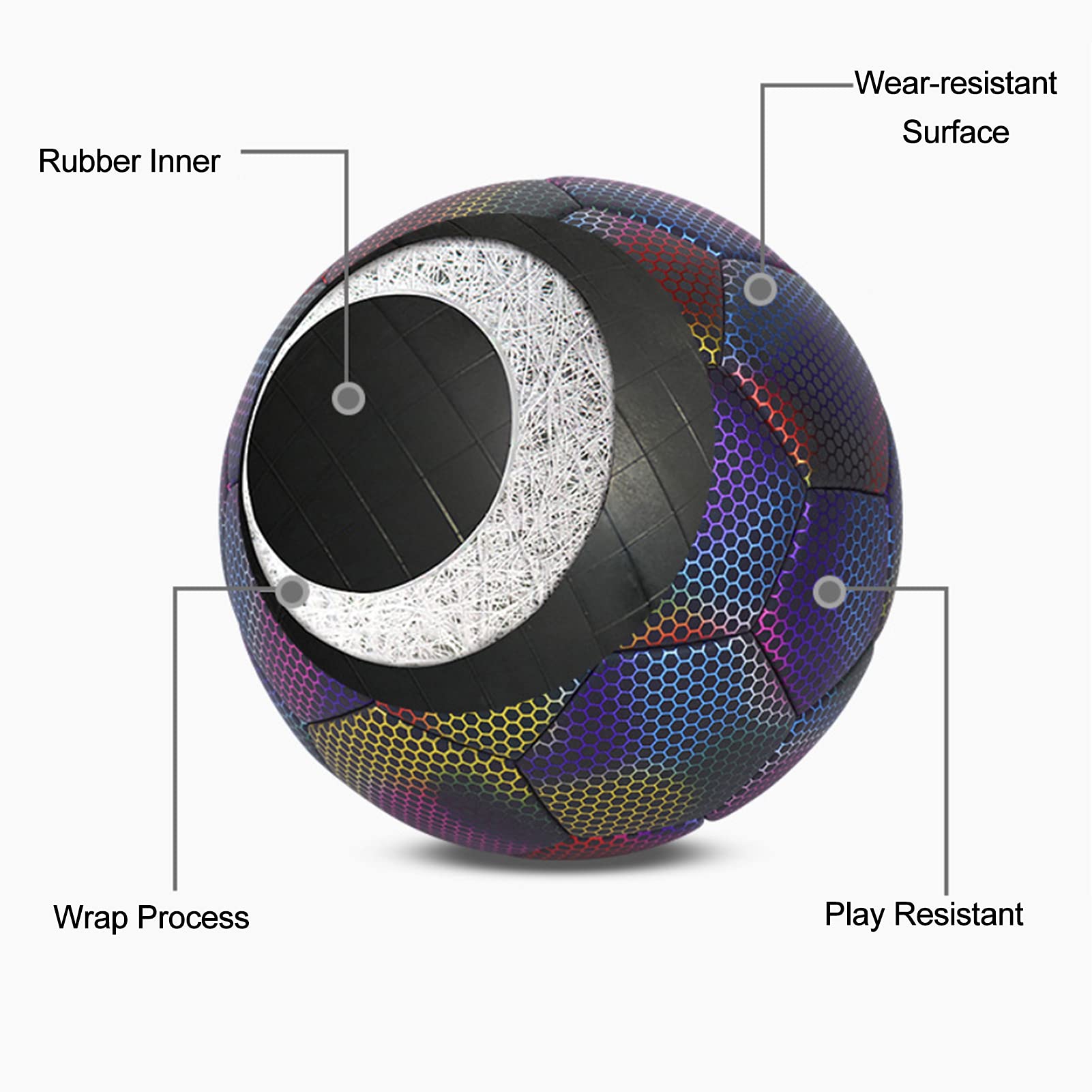 Pallone da calcio riflettente resistente all'usura antiscivolo che si illumina al buio con buona elasticità e sensazione confortevole per l'allenamento di squadra di calcio