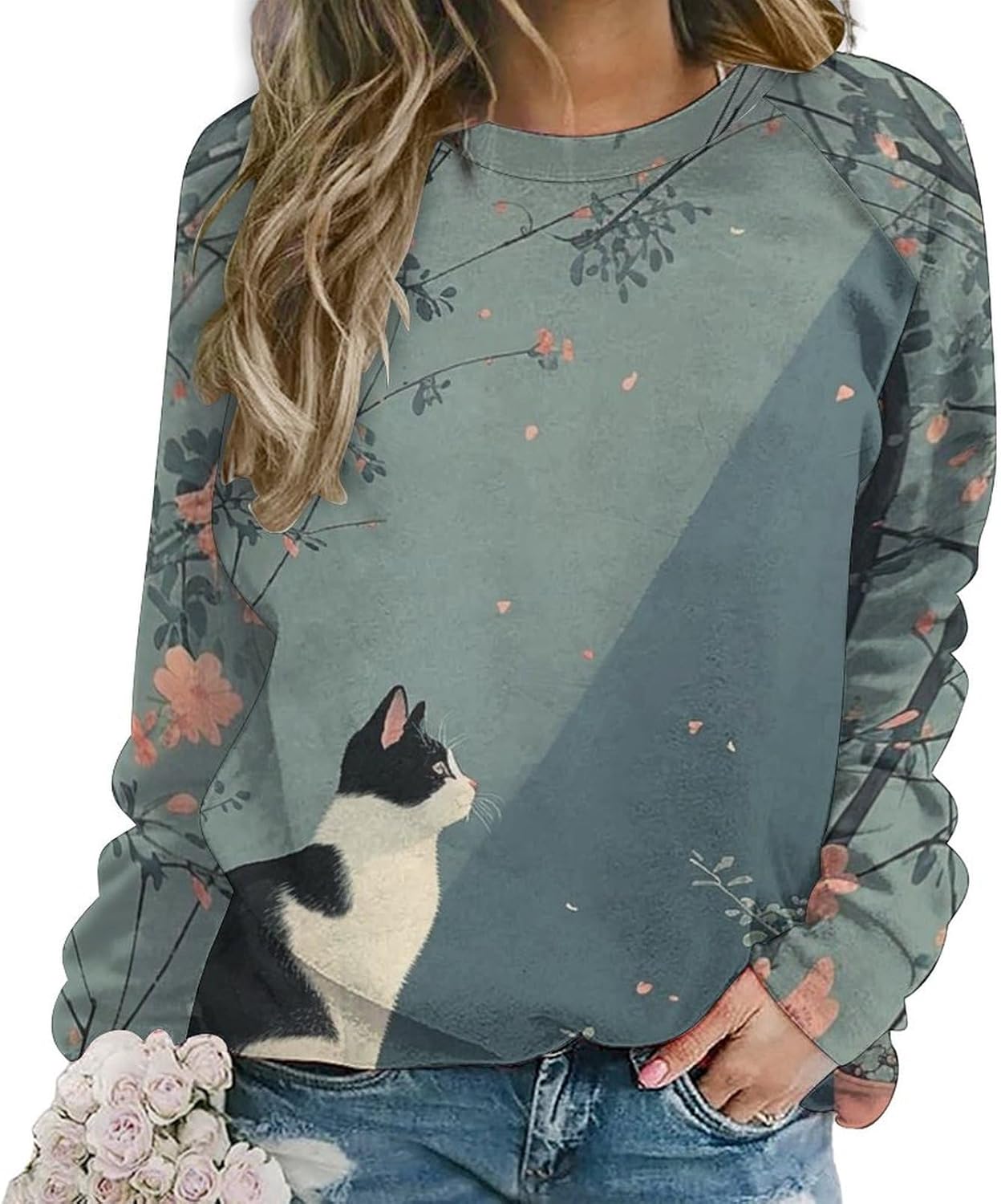 Long Sleeve Shirts for Women Cat Printed Fall Winter Dressy Holiday Casual Fashion Crewneck Tunic Tee Shirts