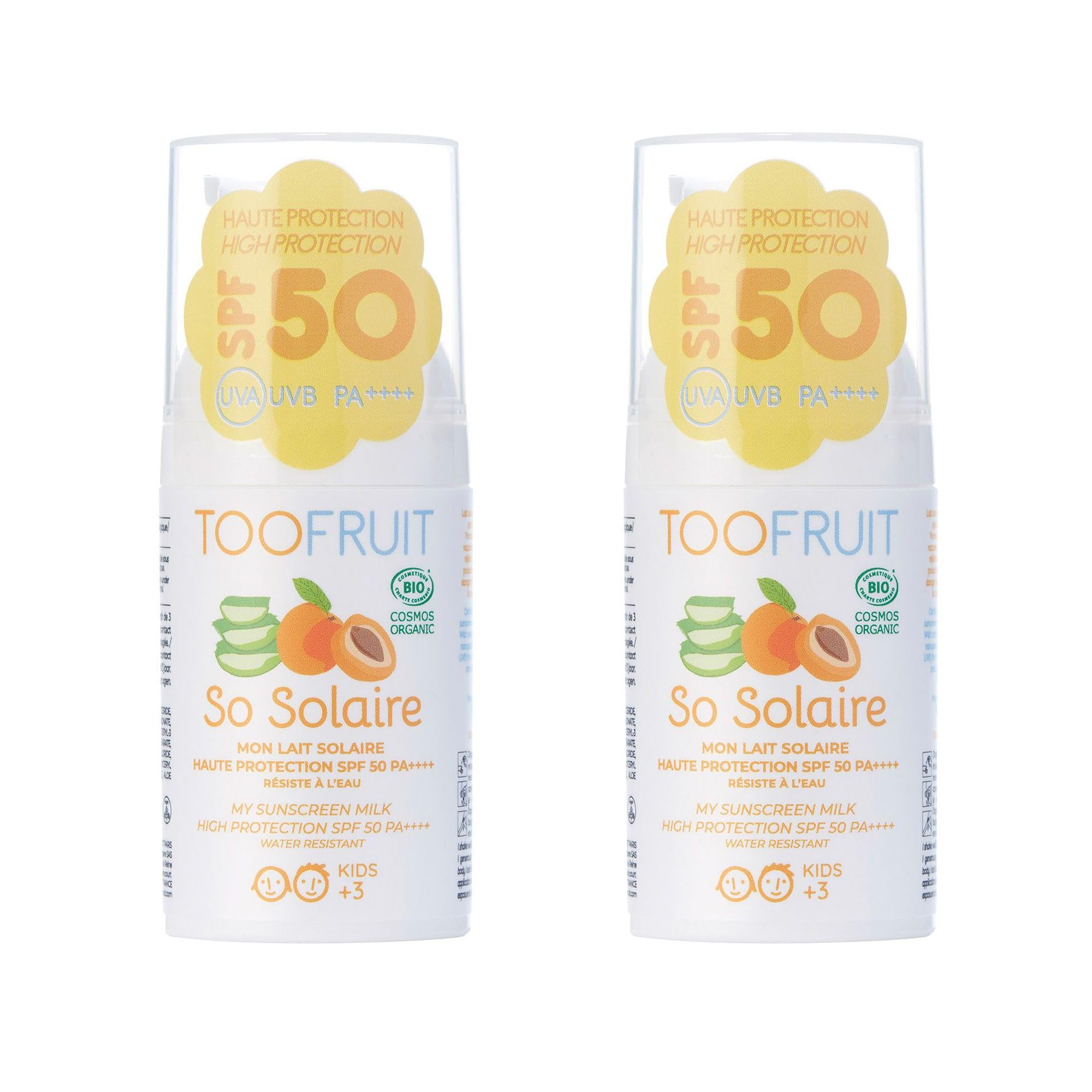 TOOFRUIT Sonnenmilch LSF 50+ für Kinder ab 3 J., 2×30 ml, mineralisch, wasserfest, ohne chemische Filter, dermatologisch getestet, sanft, natürliche Inhaltsstoffe, vegan & Made in France