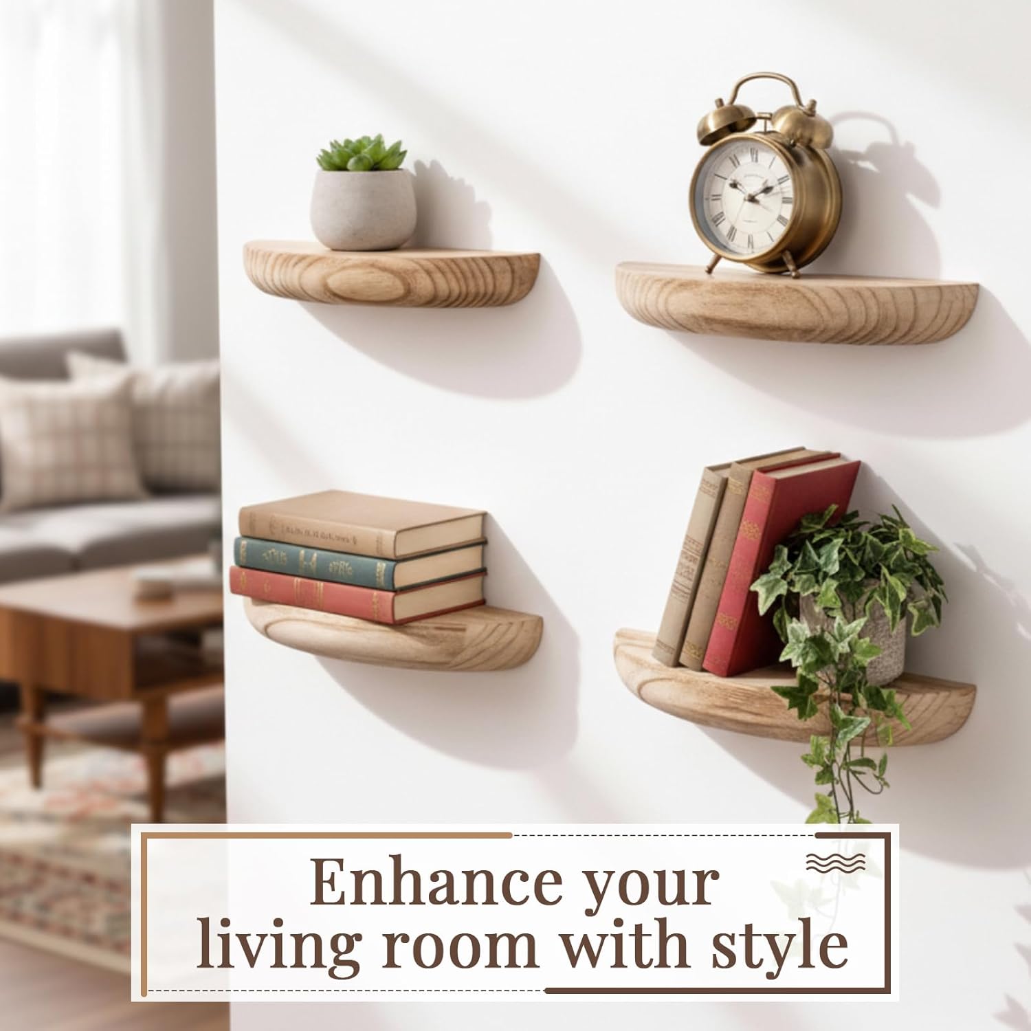 4 Pcs Solid Wood Half Round Floating Wall Shelves, Elegant Floating Wooden Shelves, 8.27 Inch Wall Shelf for Living Room, Bathroom, Bedroom, Offices, Pictures Plant Book(Light Brown)