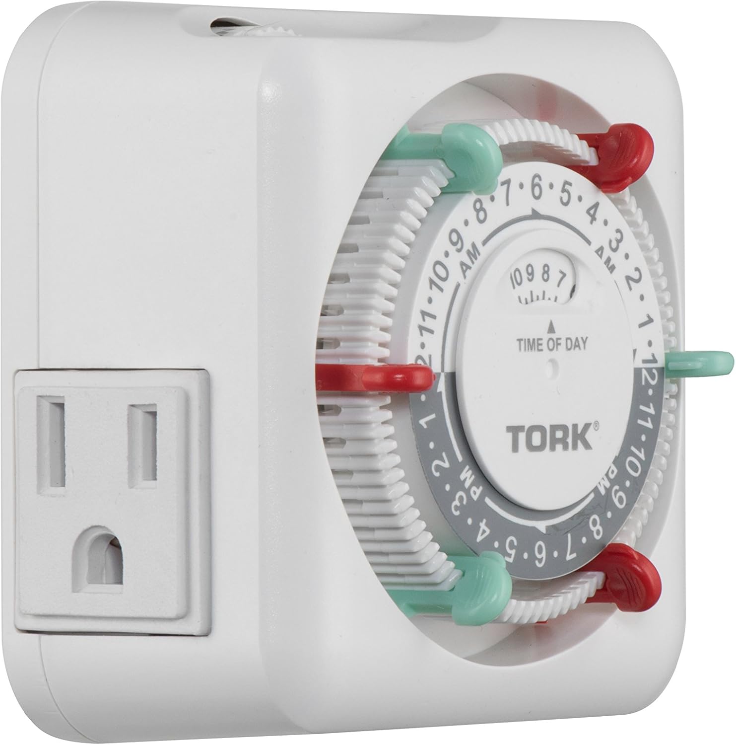 NSi Industries TORK RTN312 Indoor 15-Amp Plug-in Heavy Duty Mechanical Appliance Timer 24-Hour Programming – GREEN & RED Trippers TWO Receptacles White - - 