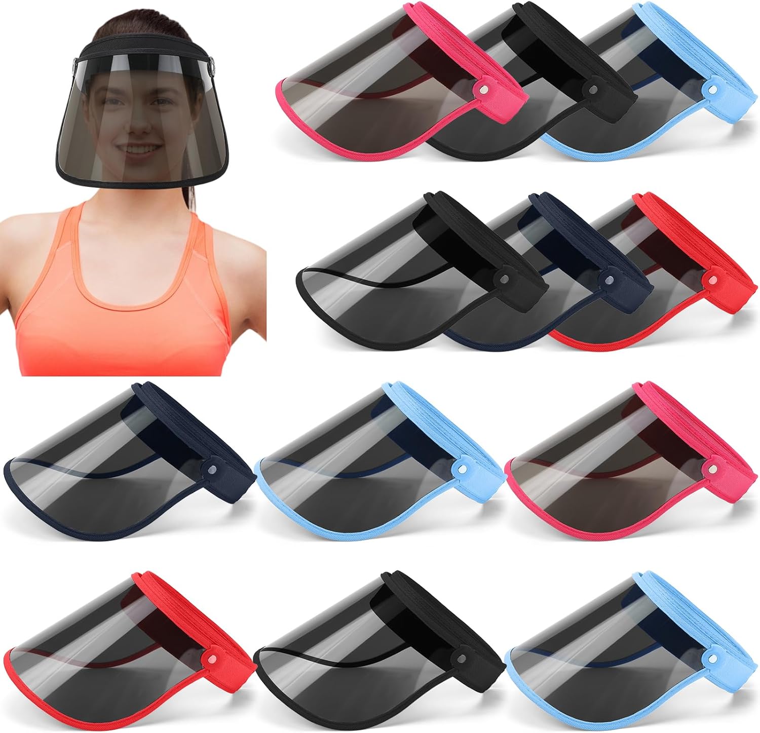 Skicuff 12 Pcs Sun Visors Face Shield UV Protection Hat Full Face Shield Sunblock Plastic Clear Poker Hat Bulk Roll up Adjustable Outdoors Visor Cap Beach Sports Cap for Women Men Yard Summer