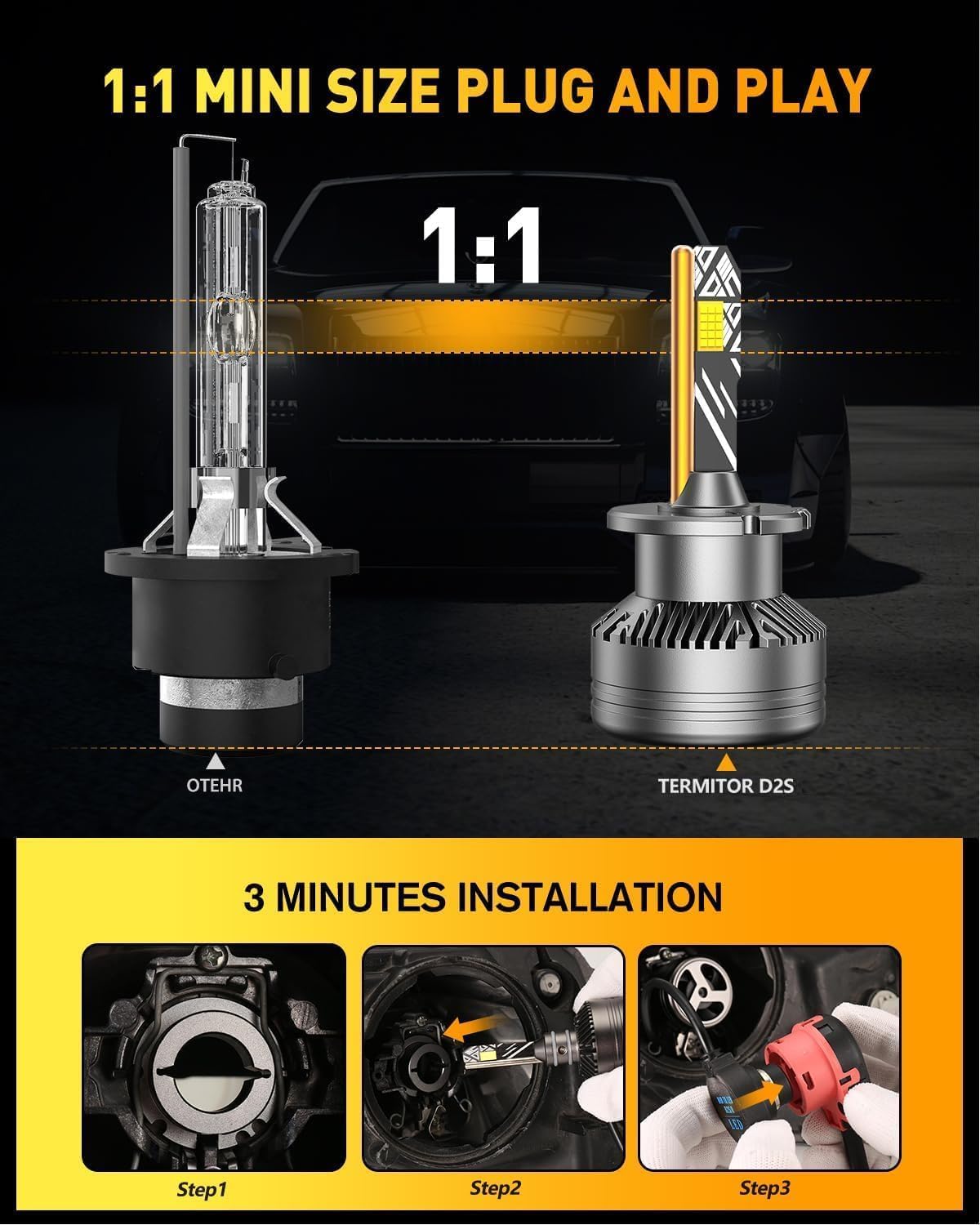 D2S Bulbs, 55,000LM 1000% Brighter 6500K Cool White, 1:1 Mini Size HID Fog Lights Replacement, Plug and Play, CAN-Bus Ready, IP68 Waterproof Exterior Light Bulbs, Pack of 2