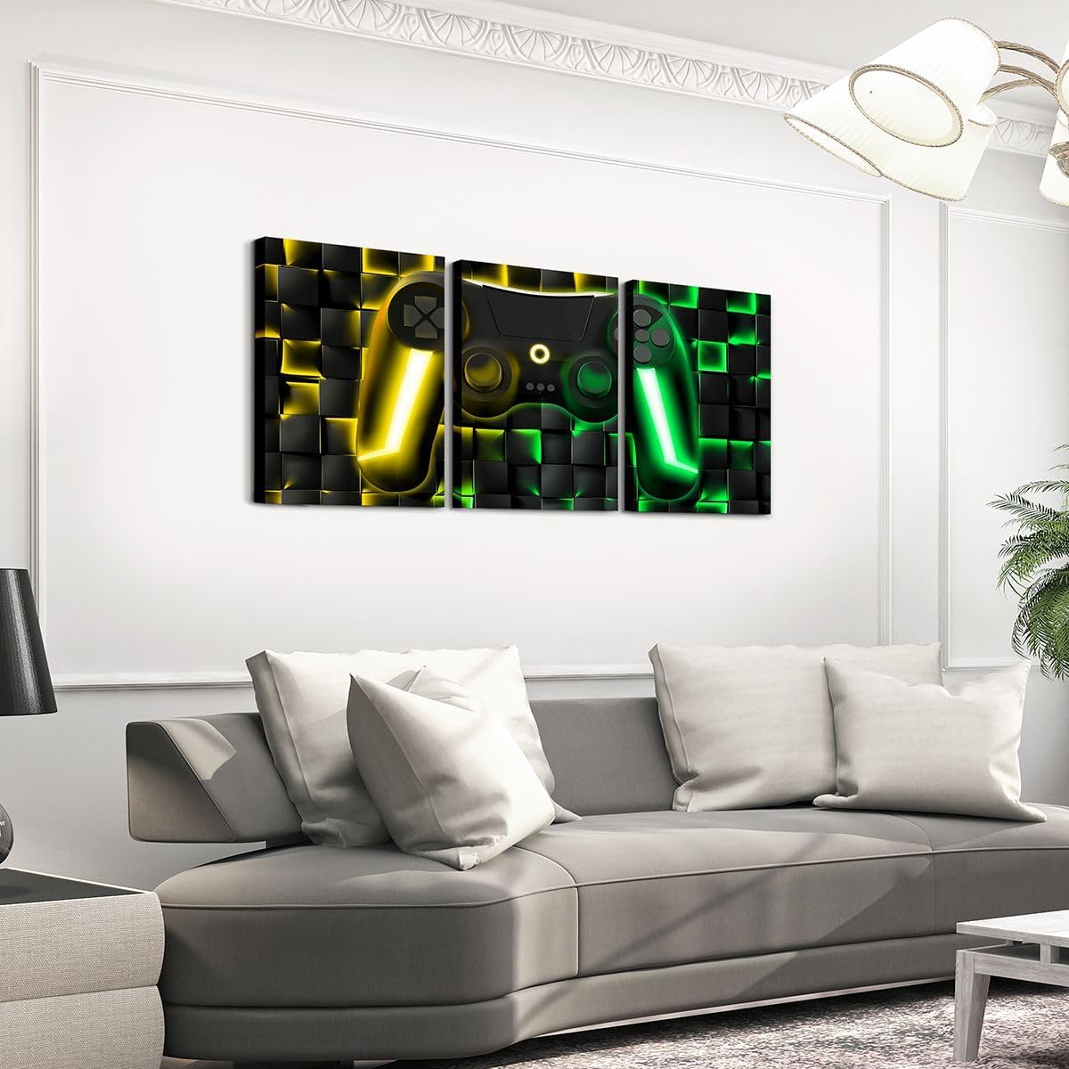 Erosebridal 3 Pcs Boys Gaming Room Wall Decor Gamer Wall Art For Kids Teen Boys Game Bedroom,Neon Teal Glowing Geometric Grid Pictures Poster Prints,Black Abstract Check Square Wall Paintings 12"X16"