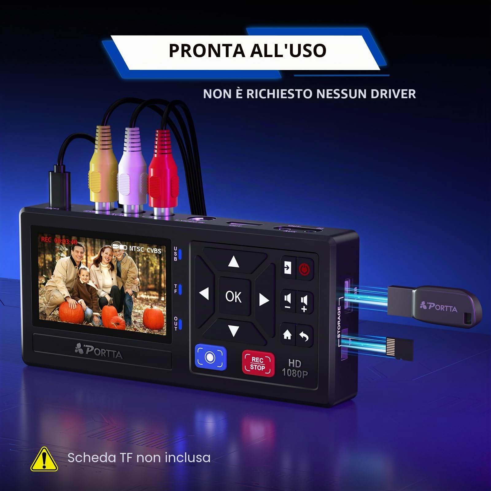 Portta Convertitore da VHS a digitale con unità flash USB 3.0 da 128 GB, video a registratore digitale, compatibile con VHS, VCR, DVR, DVD, Hi8, mini lettori DV, videocamera (lettore VHS/nastri/DVD