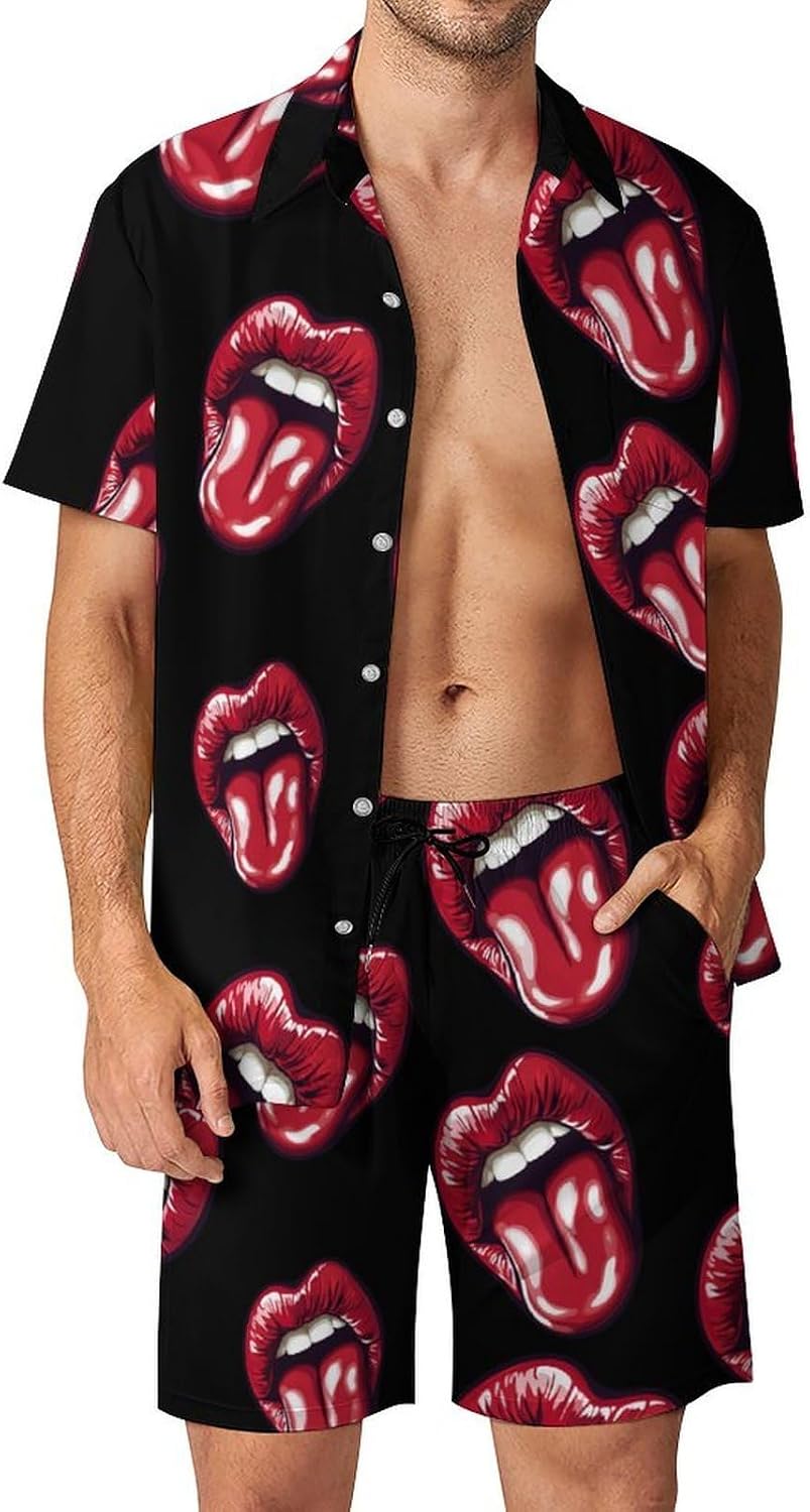Red Lips And Tongue Summer Mens Vacation Outfits Beach Shirts Shorts Matching Set