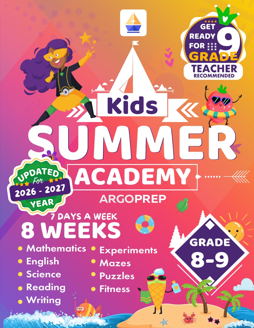 Kids Summer Academy by ArgoPrep - Grades 8-9: 8 Weeks of Math, Reading, Science, Writing, Logic, Fitness and Yoga | Online Access Included | Prevent Summer Learning Loss