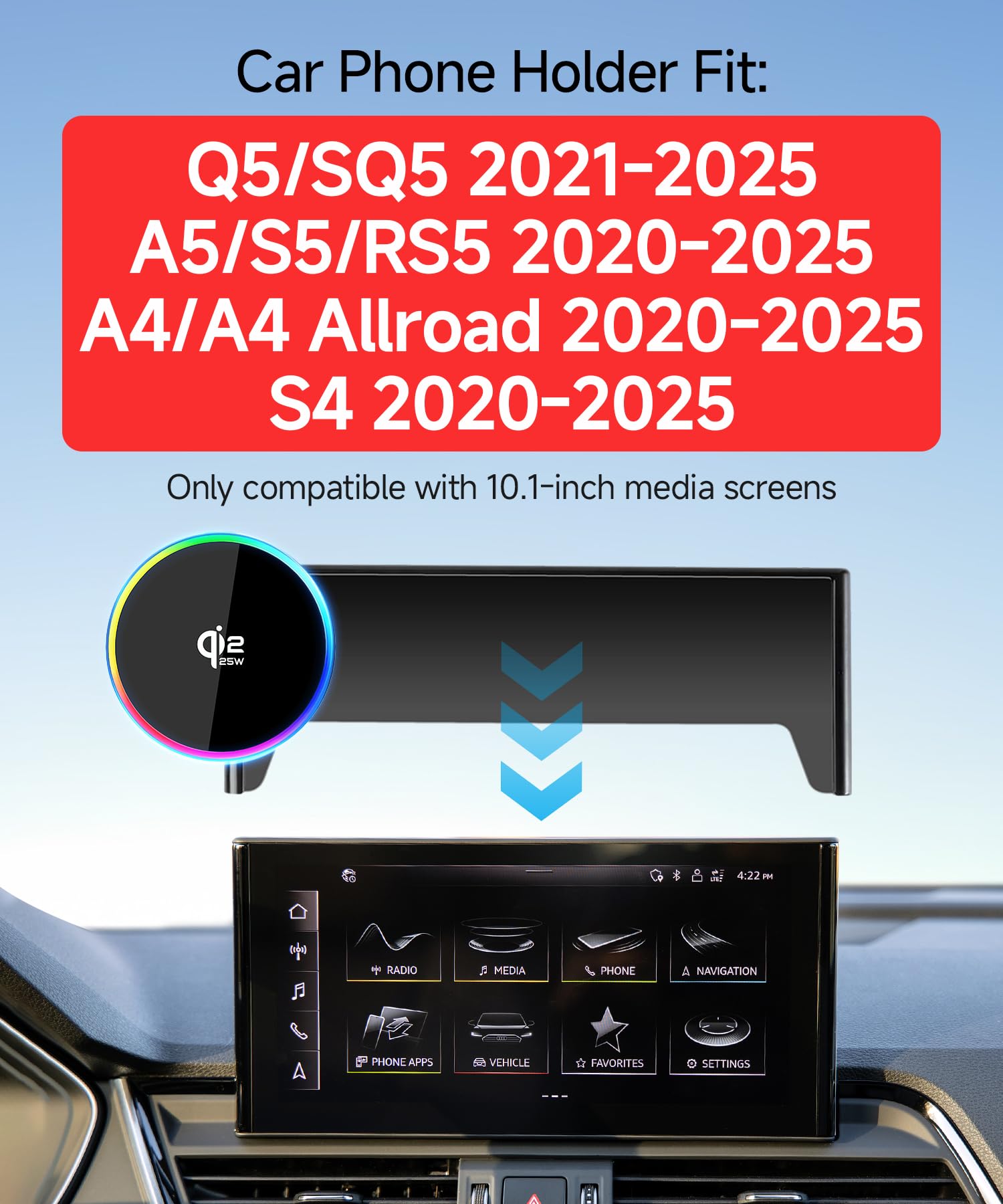 Qi2.2 25W Caricabatterie Wireless Car Phone Mount per Audi Q5/SQ5/A5/S5 2021-2025 | A5/S5/RS5/A4/A4 Allroad/S4 2020-2025, 10.1 "Schermo Magsafe Accessori Supporto magnetico per telefono cellulare, Staffa GPS