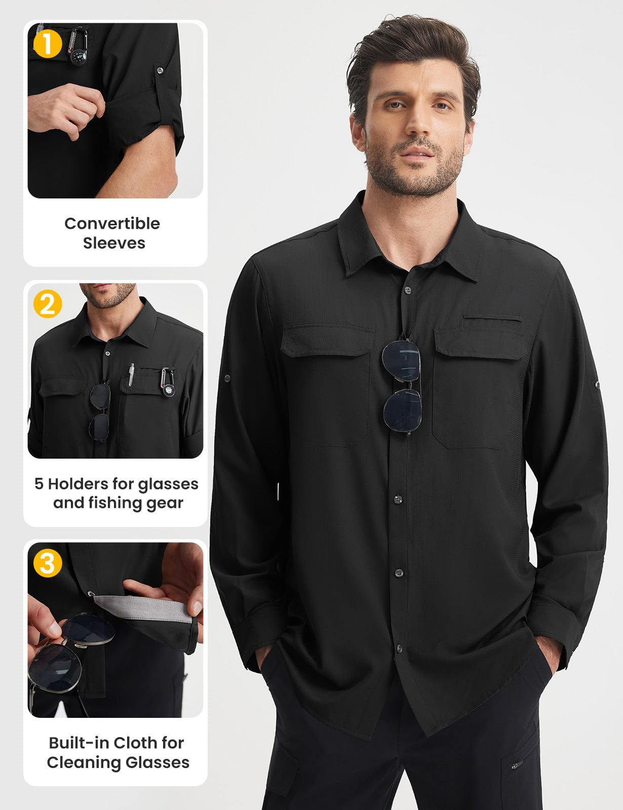 baleaf Langarmshirt Herren Funktionshemd UV-Schutz Langarm Hemd Jagdkleidung Atmungsaktiv UV Shirt Angelshirt Freizeithemd