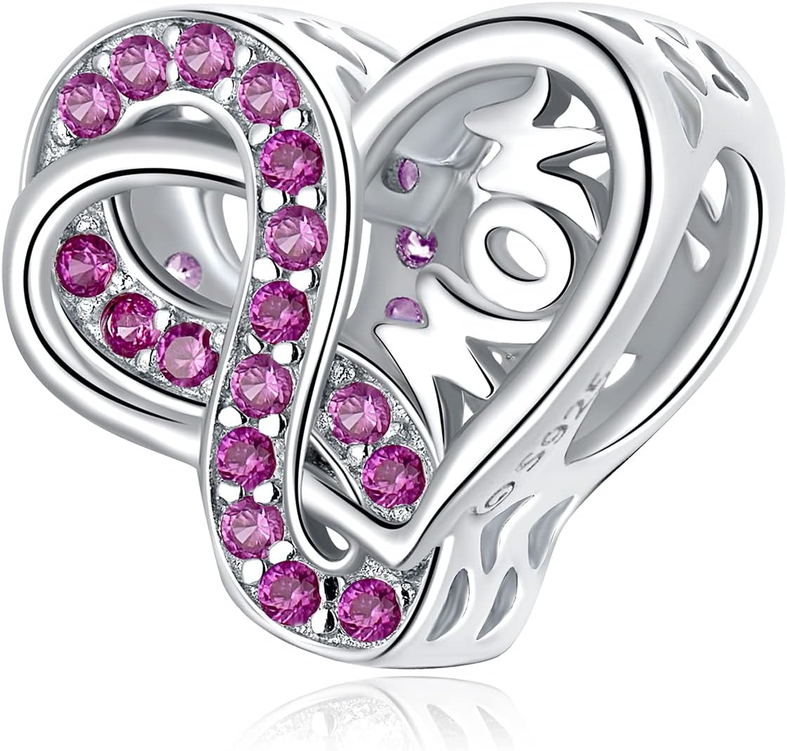 VOROCO Birthstone Charm for Bracelet,Infinity Love 925 Sterling Silver Heart-shaped Mom Bead Charm Paved with Multicolor Cubic Zirconia, White Gold, Cubic Zirconia