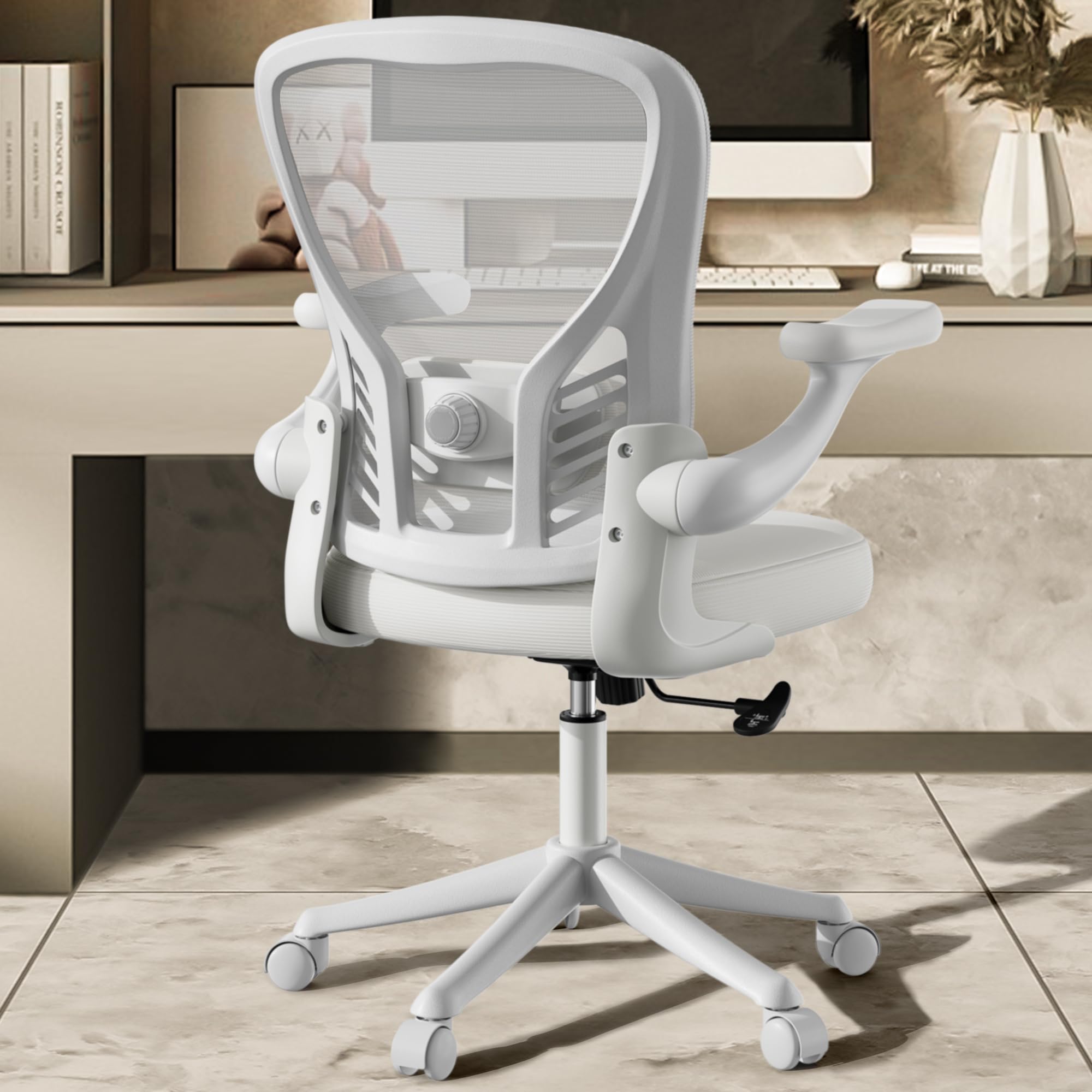 Ollega Computer Desk Chair with Wheels, Mesh Office Chair with Flip Up Arms, Adjustable Lumbar Support, Swivel Desk Chair Comfy, White