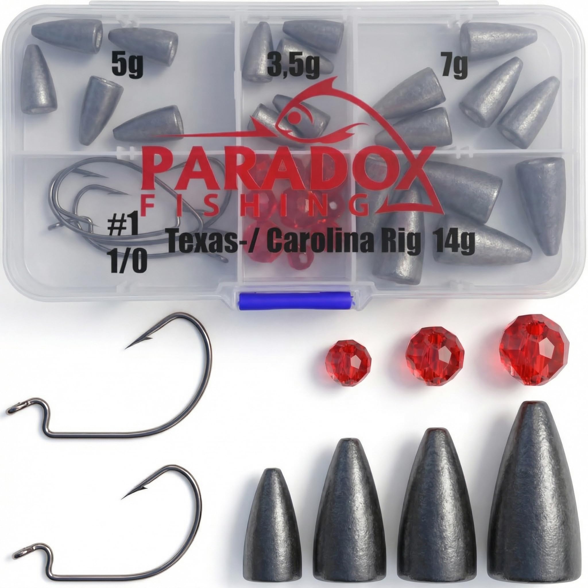 Paradox Fishing Carolina Rig/Texas Rig zestaw 3,5 g - 14 g z hakami offsetowymi i szklanymi koralikami, ołów do wędkowania, akcesoria wędkarskie Cheburaska Dropshot, ołów podstawowy, wędkarstwo