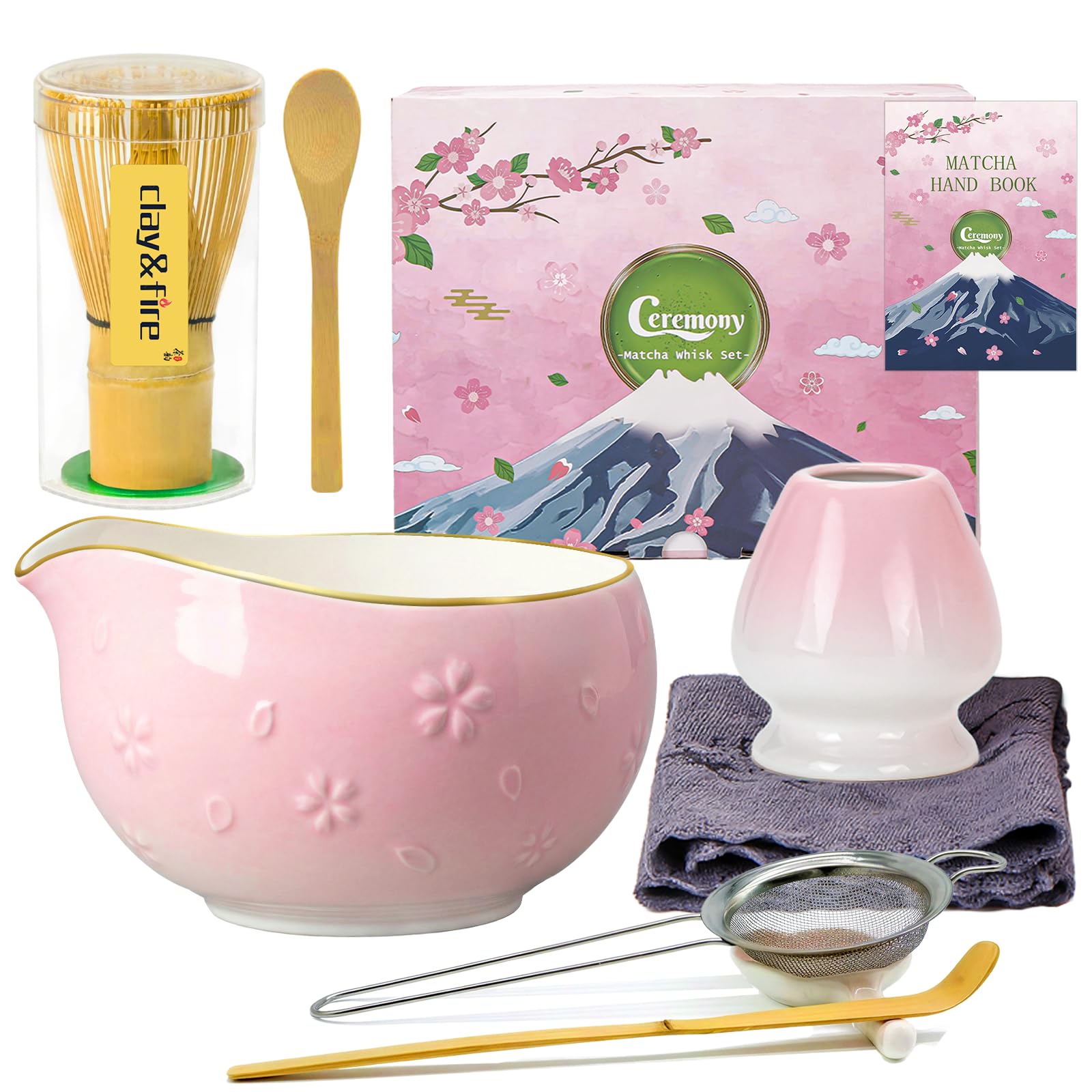 Clay&Fire Matcha Set, 9 Teiliges Matcha Besen Set - Bambus Matcha Whisk, Matcha Schale mit Auslauf, Japanisches Matcha Kit für Matcha-Liebhaber, Weihnachtsgeschenke,Geschenk (Kirschblüten Rosa)