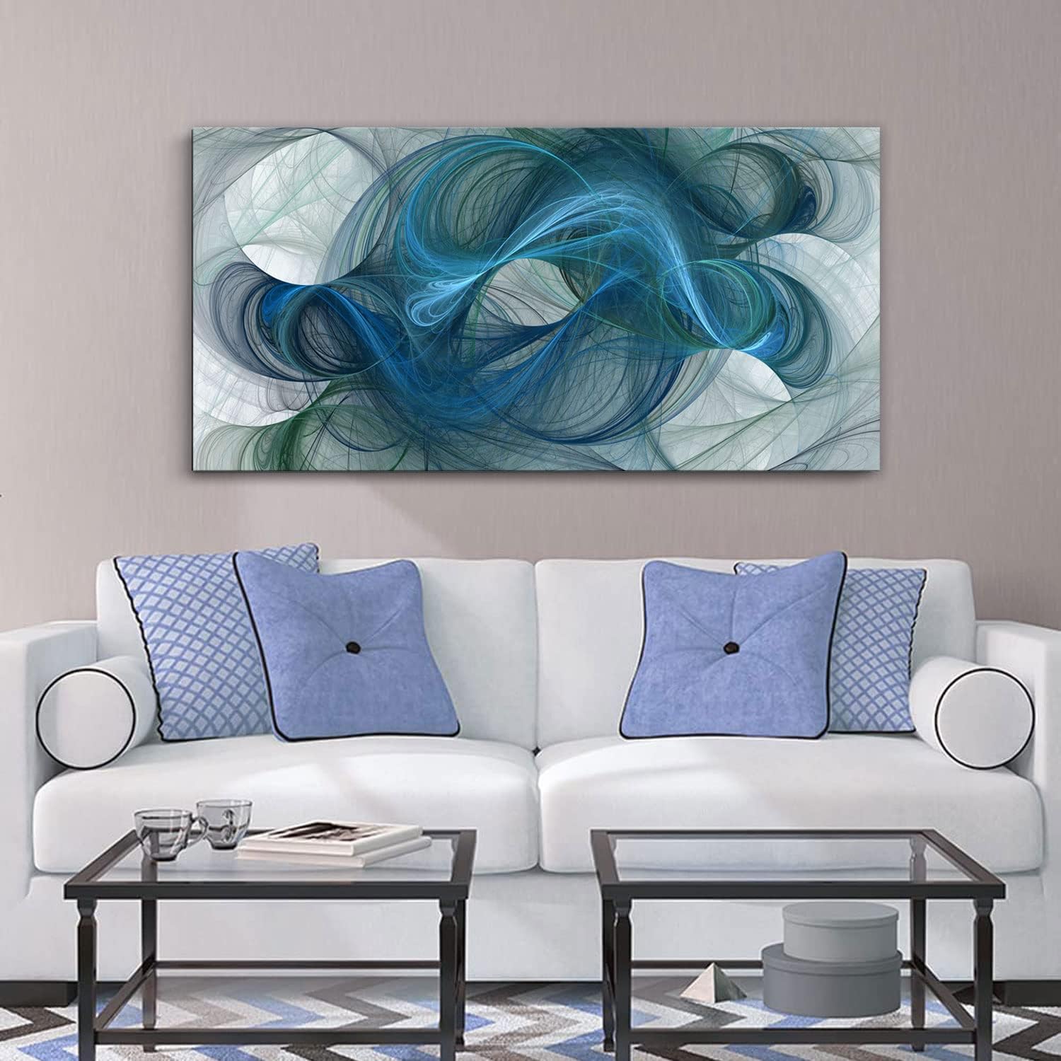 Large Framed Abstract Blue Green Line Wall Art Modern Large Canvas Painting Contemporary Abstract Lines Poster Prints Picture for Living Room Bedroom Office Ready to Hang 24x48 Inch