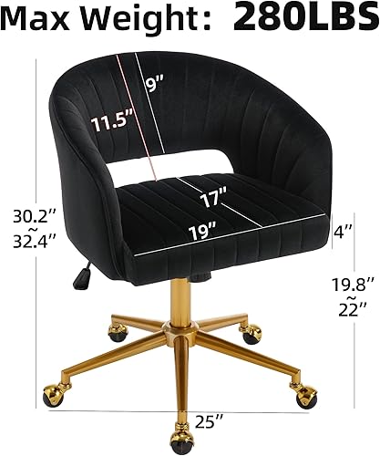 Miniatura 3 de Westice Sillas de escritorio de oficina en casa, moderna silla rodante de terciopelo, silla giratoria de altura ajustable con base dorada, silla