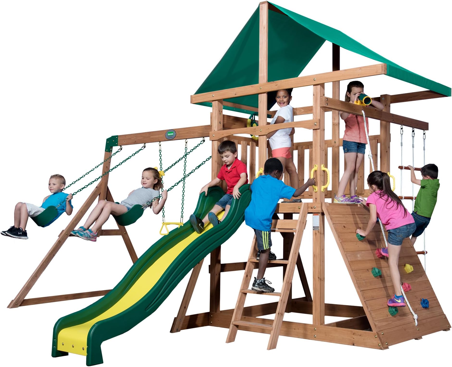 Backyard Discovery Mount Mckinley Cedar Wood Swing Set with Wave Slide, Play Deck, Double Rock Wall, Rope Ladder, Web Swing, Belt Swings, Toy Telescope, Steering Wheel, Sandbox Area, Outdoor Playset